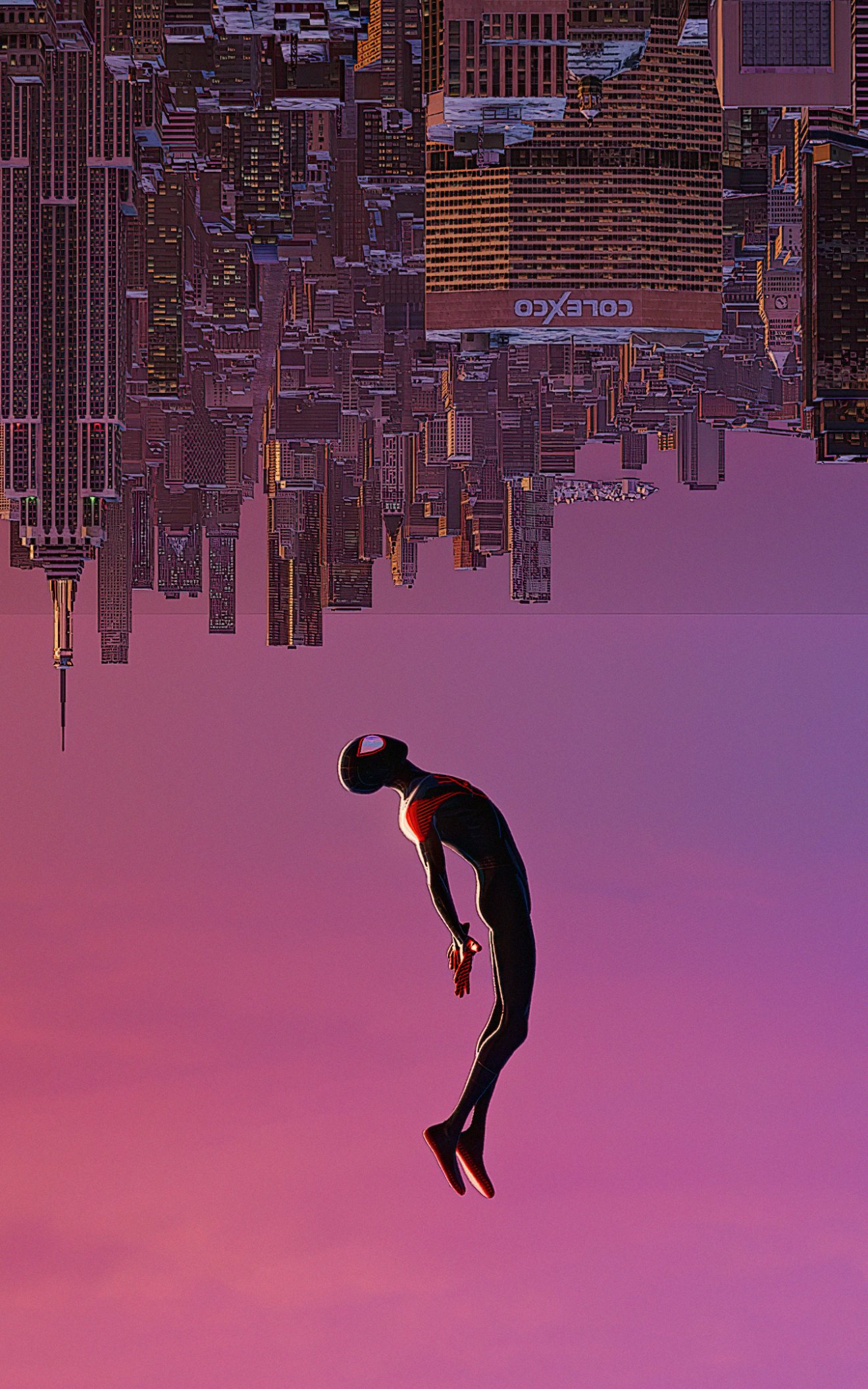 Phone wallpaper from the movie Spider-Man: Into The Spider-Verse: Miles Morales in his suit floats against a purple sky with an upside-down New York skyline above.