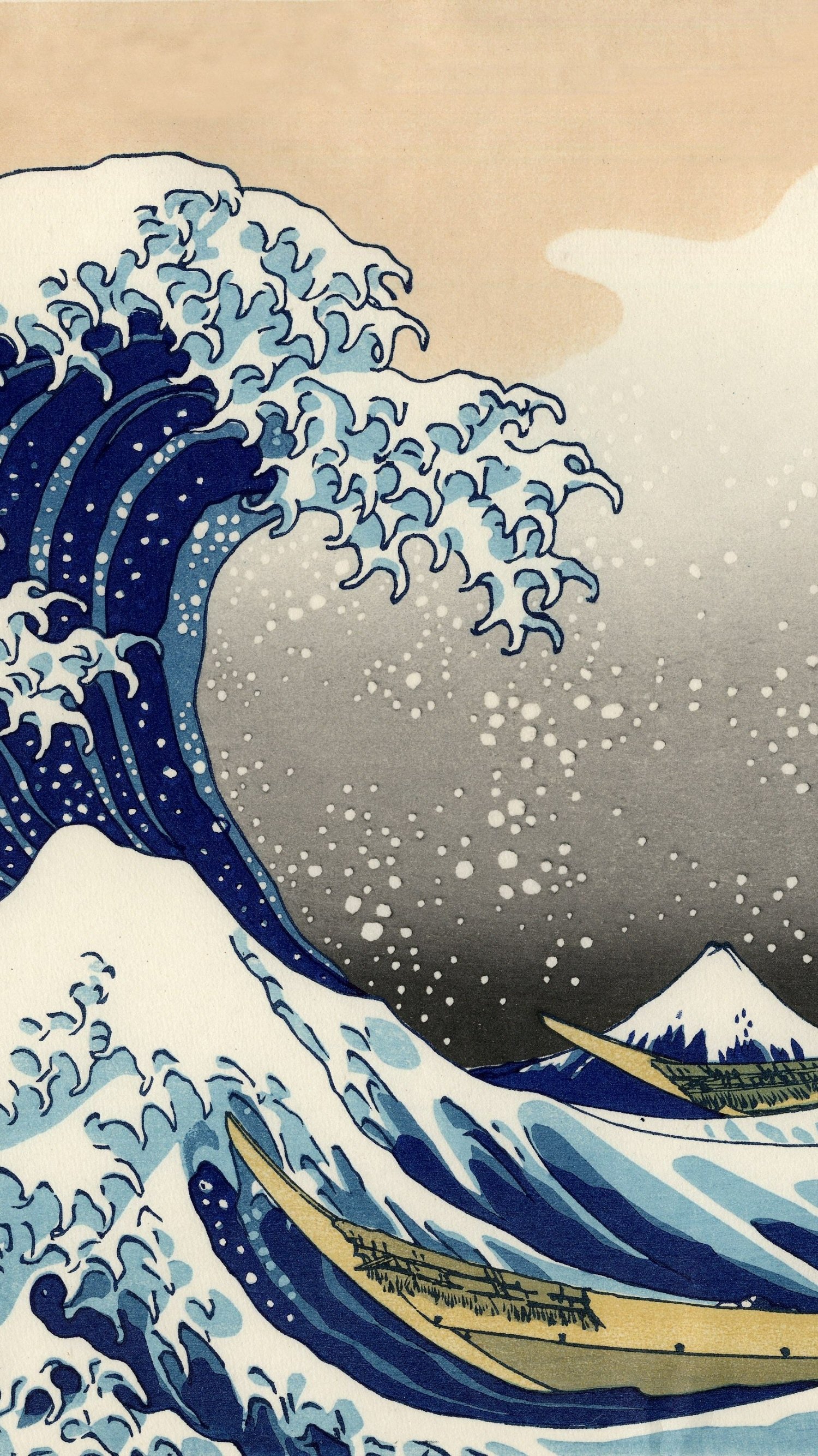Artistic phone wallpaper of The Great Wave off Kanagawa: a towering blue wave over boats and Mount Fuji, formatted for iPhone and Android screens.
