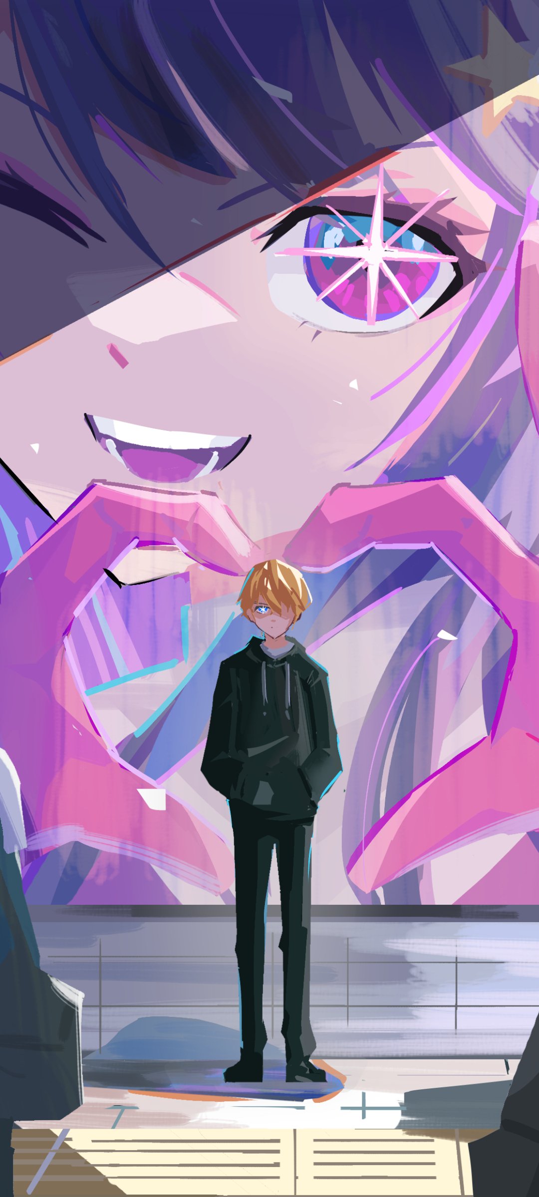 Anime-inspired Oshi no Ko phone wallpaper featuring a striking close-up and a character in shadow, designed to fit iPhone and Android screens perfectly.