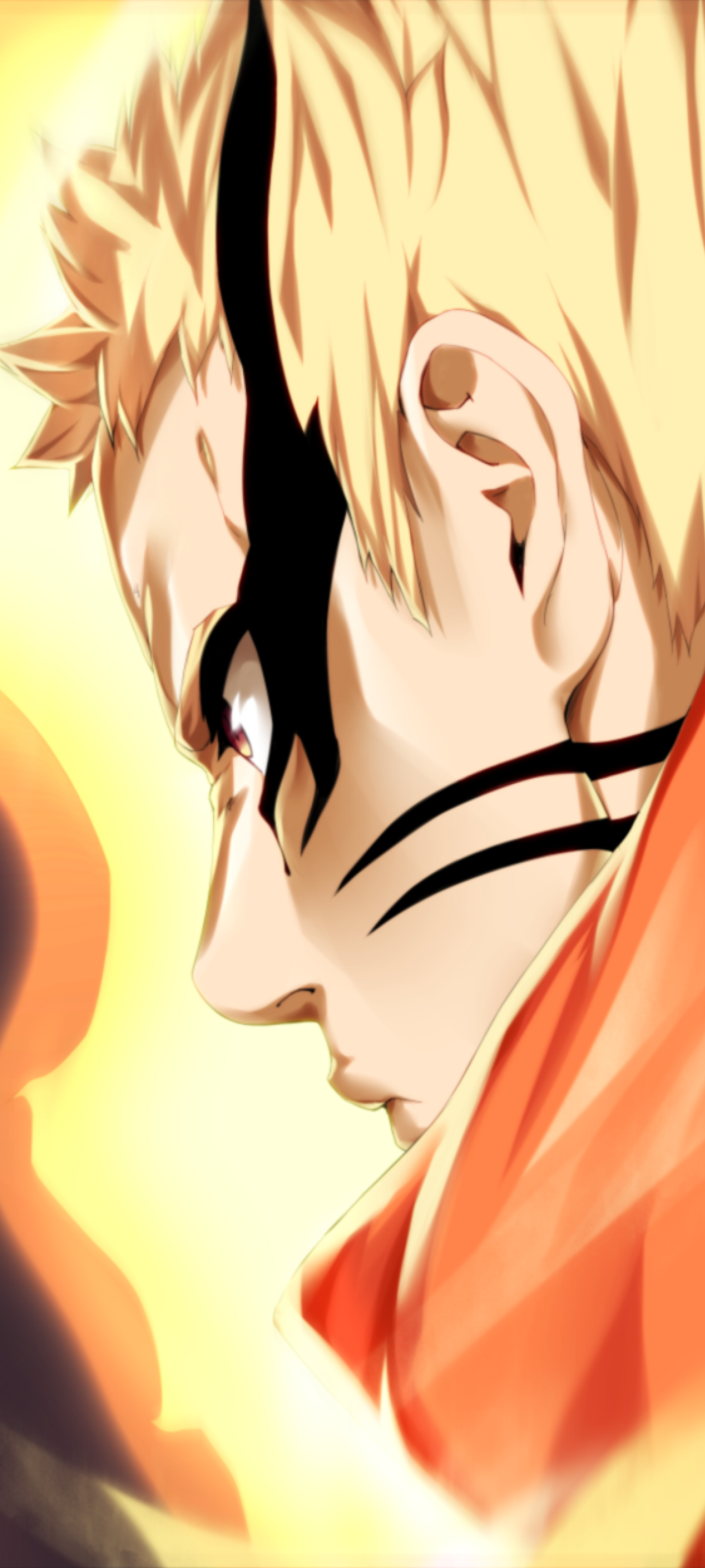 Phone wallpaper featuring Boruto in a golden side-profile glow, dark eye markings and whisker-like facial streaks, intense gaze with an orange cloak collar visible.