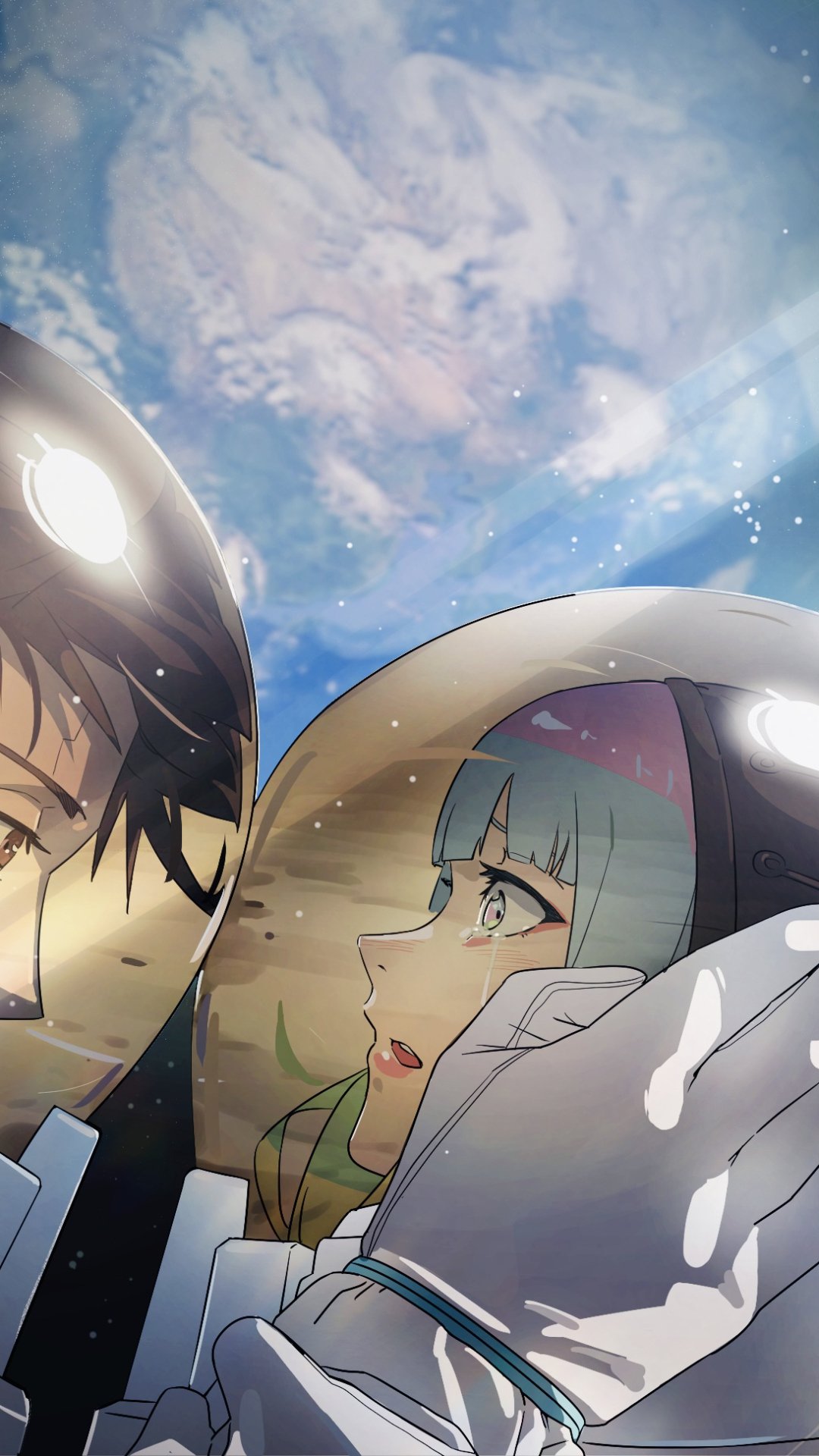Phone wallpaper - Anime, Cyberpunk: Edgerunners: close-up of two characters in space helmets, a blue-haired woman and dark-haired man, gazing at each other against a cloudy sky.