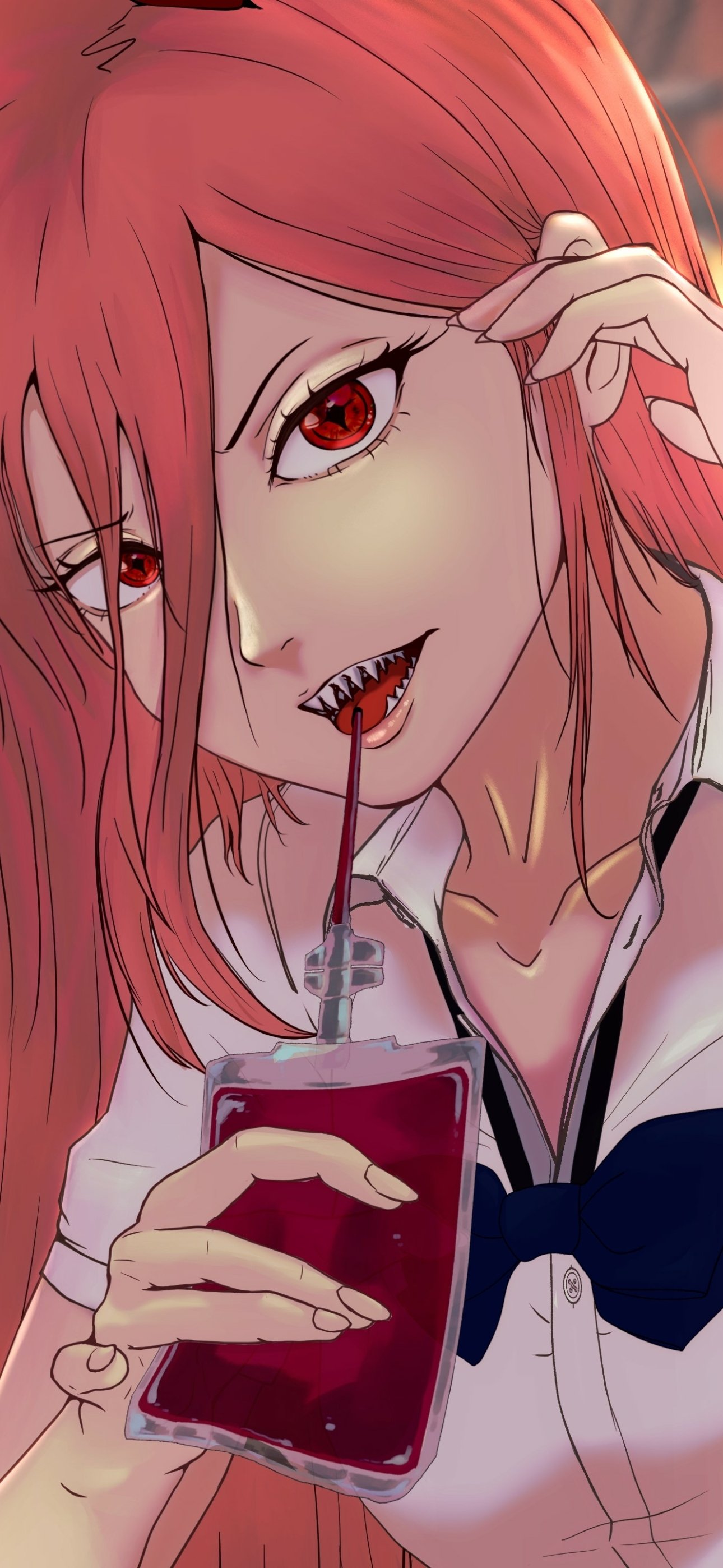 Anime Chainsaw Man phone wallpaper: close-up of a red-haired woman with crimson eyes and a fang, sipping from a juice pouch with a mischievous smile in a school uniform.