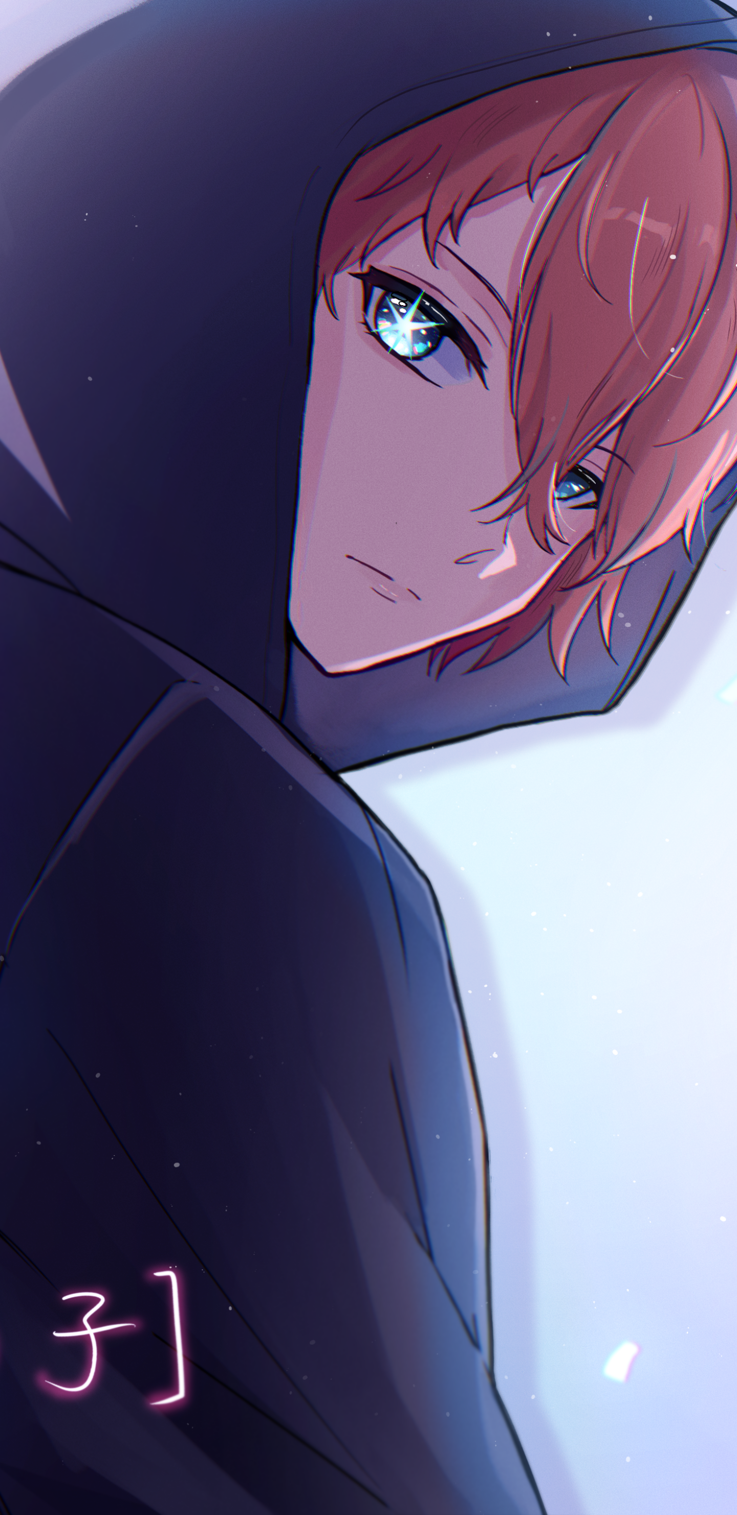 Phone wallpaper featuring a close-up of a red-haired character from the anime Oshi no Ko, with reflective blue eyes and a dark hooded jacket on a soft, light background.