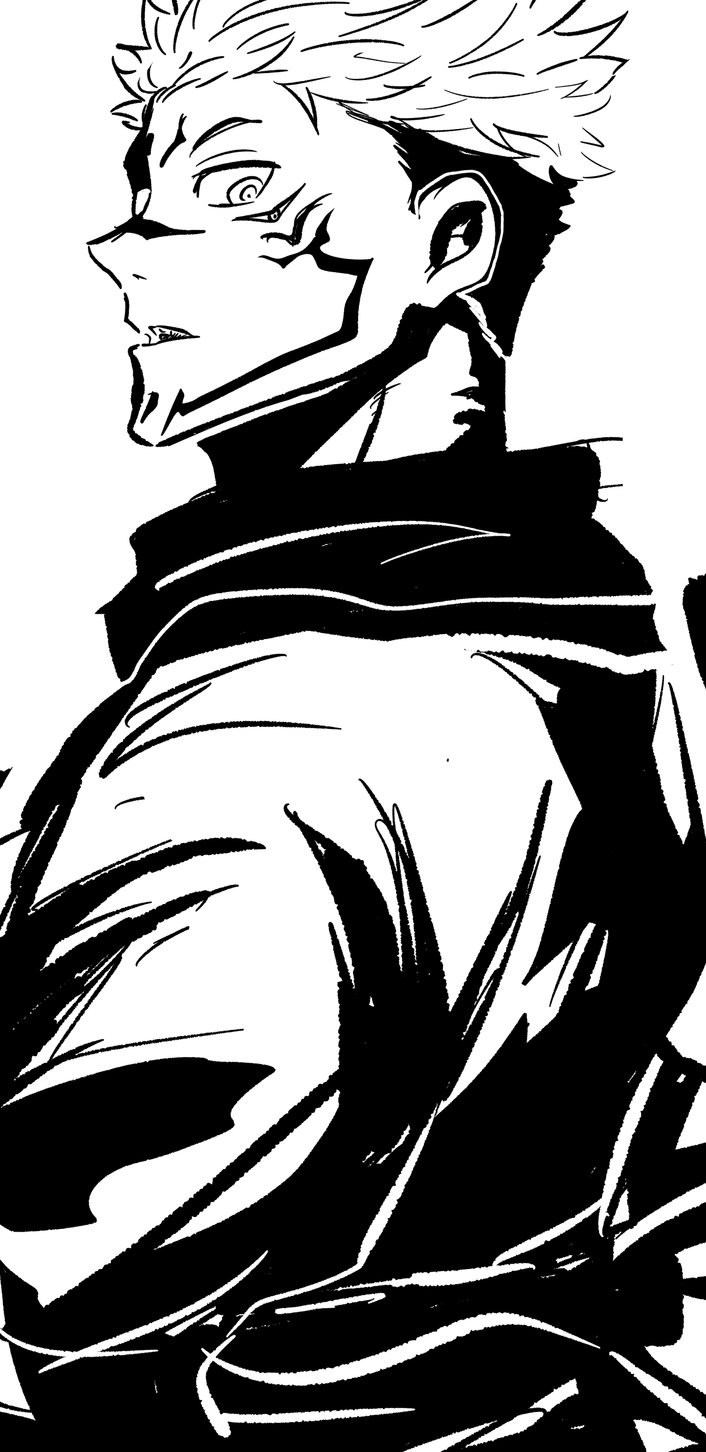 Manga-style black-and-white phone wallpaper of Sukuna from Jujutsu Kaisen, three-quarter profile with a fierce gaze and his distinctive facial markings.