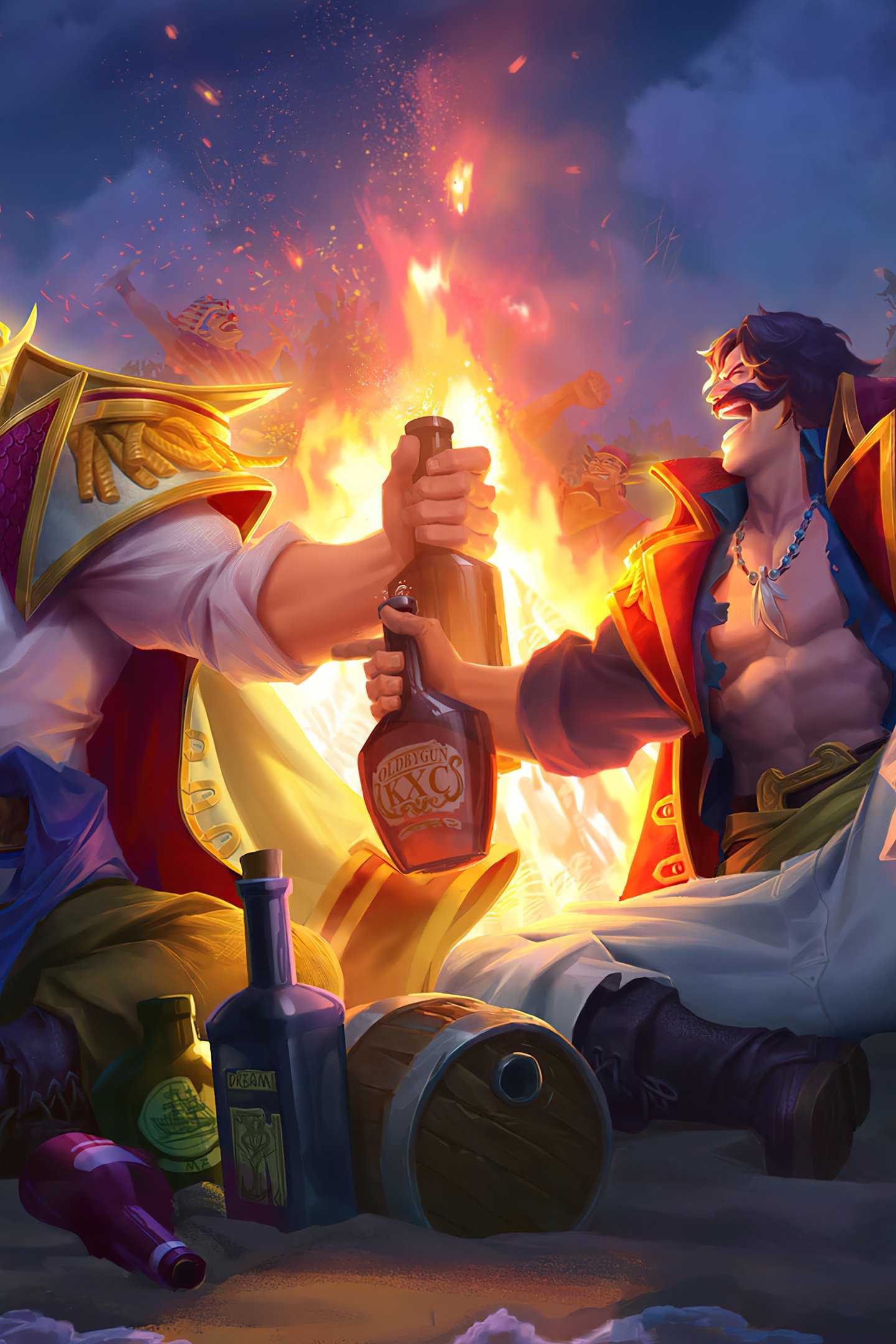 Anime One Piece phone wallpaper depicting two characters sharing a drink around a campfire, vibrant colors and dynamic lighting, compatible with iPhones and Android phones.