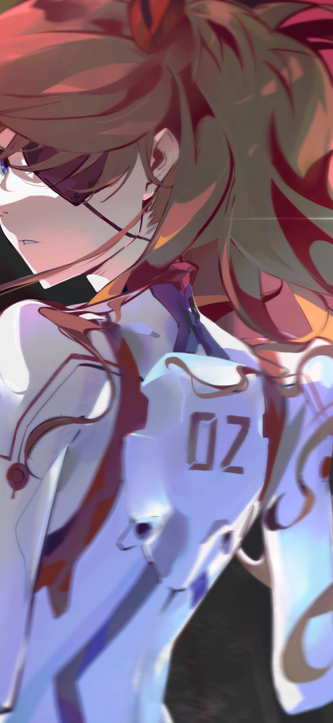 Phone wallpaper: Neon Genesis Evangelion anime close-up of a plugsuit-wearing pilot marked 02, over-the-shoulder pose with windblown hair, visor shadow and dramatic red-blue lighting.