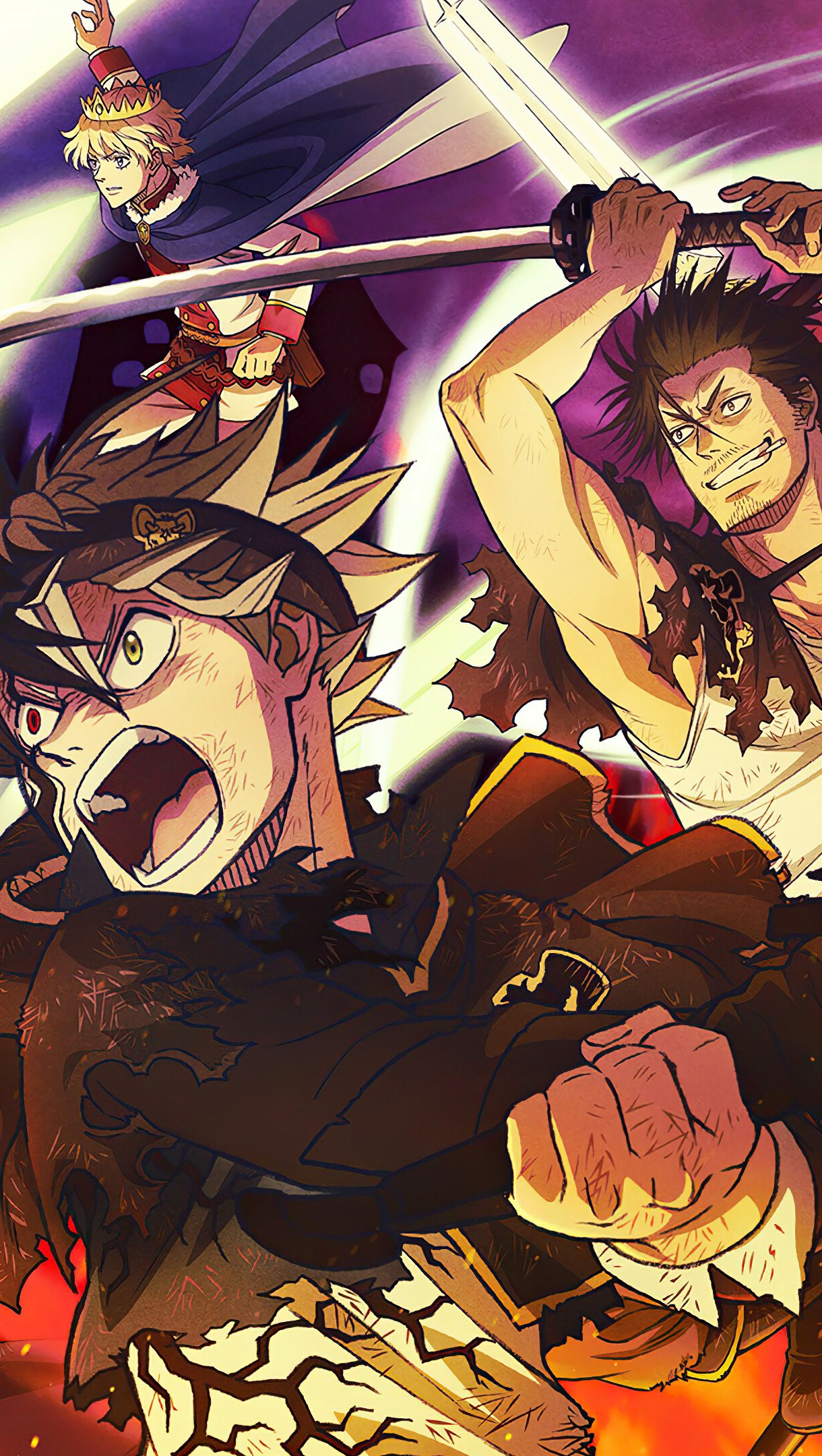 Black Clover anime phone wallpaper — iPhone & Android: Asta roaring in foreground, ally and armored king raising a sword above amid fiery, dynamic battle energy.