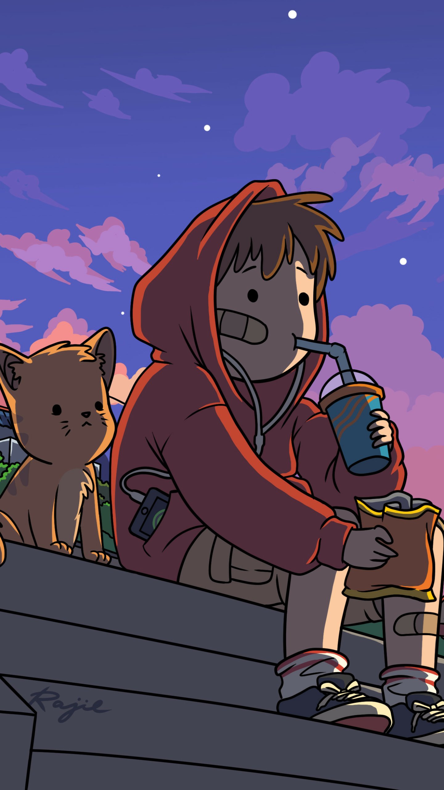Artistic phone wallpaper featuring a boy in a red hoodie sipping a drink with a cat beside him, set against a twilight sky, designed for both iPhone and Android screens.