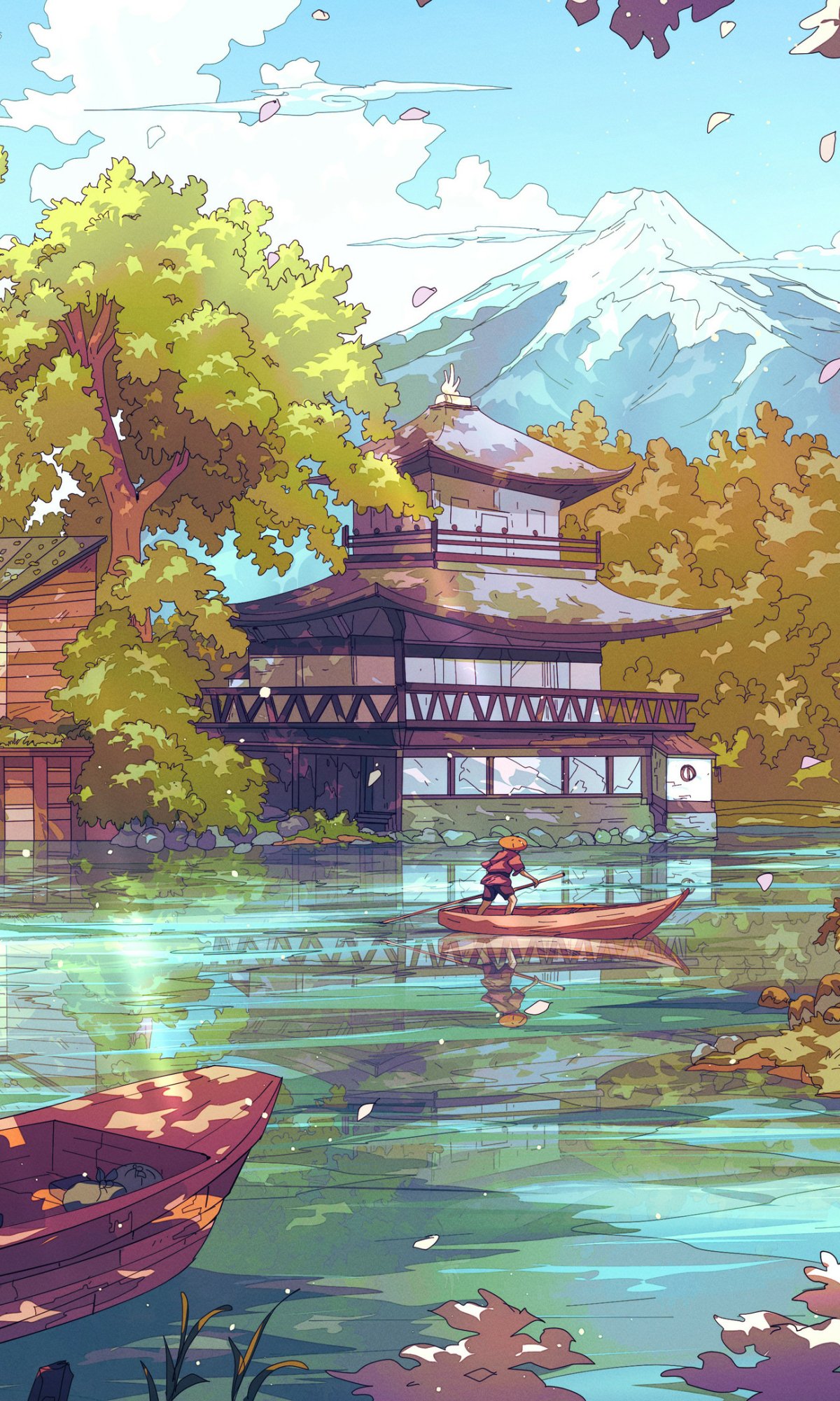 Fantasy oriental landscape with serene water, traditional architecture, and distant mountains designed as a vibrant phone wallpaper for iPhones and Android devices.