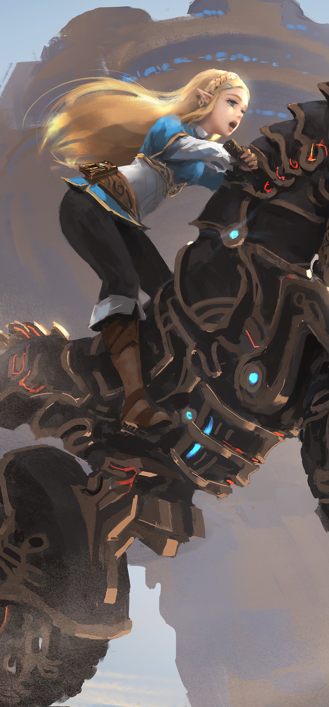 Phone wallpaper from The Legend of Zelda video game: a blonde hero leaping onto a glowing mechanical guardian against a sweeping sky backdrop.