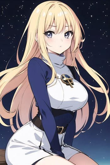 Golden-haired cute Anime girl in a navy-and-white outfit beneath a starry sky, soft expression — phone wallpaper.