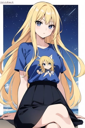 Golden-haired cute anime girl with long flowing hair and blue eyes, seated against a starry sky, wearing a T-shirt featuring a chibi version of herself — phone wallpaper.