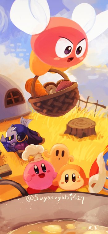 Phone wallpaper of the Kirby video game: Kirby and friends — Waddle Dee and Meta Knight — in a sunny wheat field as a flying orange enemy carries a picnic basket overhead.