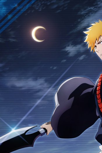 Phone wallpaper from Bleach: Thousand-Year Blood War — Ichigo Kurosaki holding his blade beneath a crescent moon and streaking night sky.