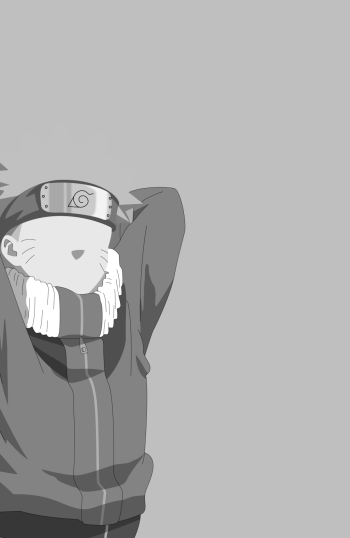 Grayscale anime phone wallpaper of Naruto in a Konoha headband and jacket, leaning back with hands behind his head against a plain light background.