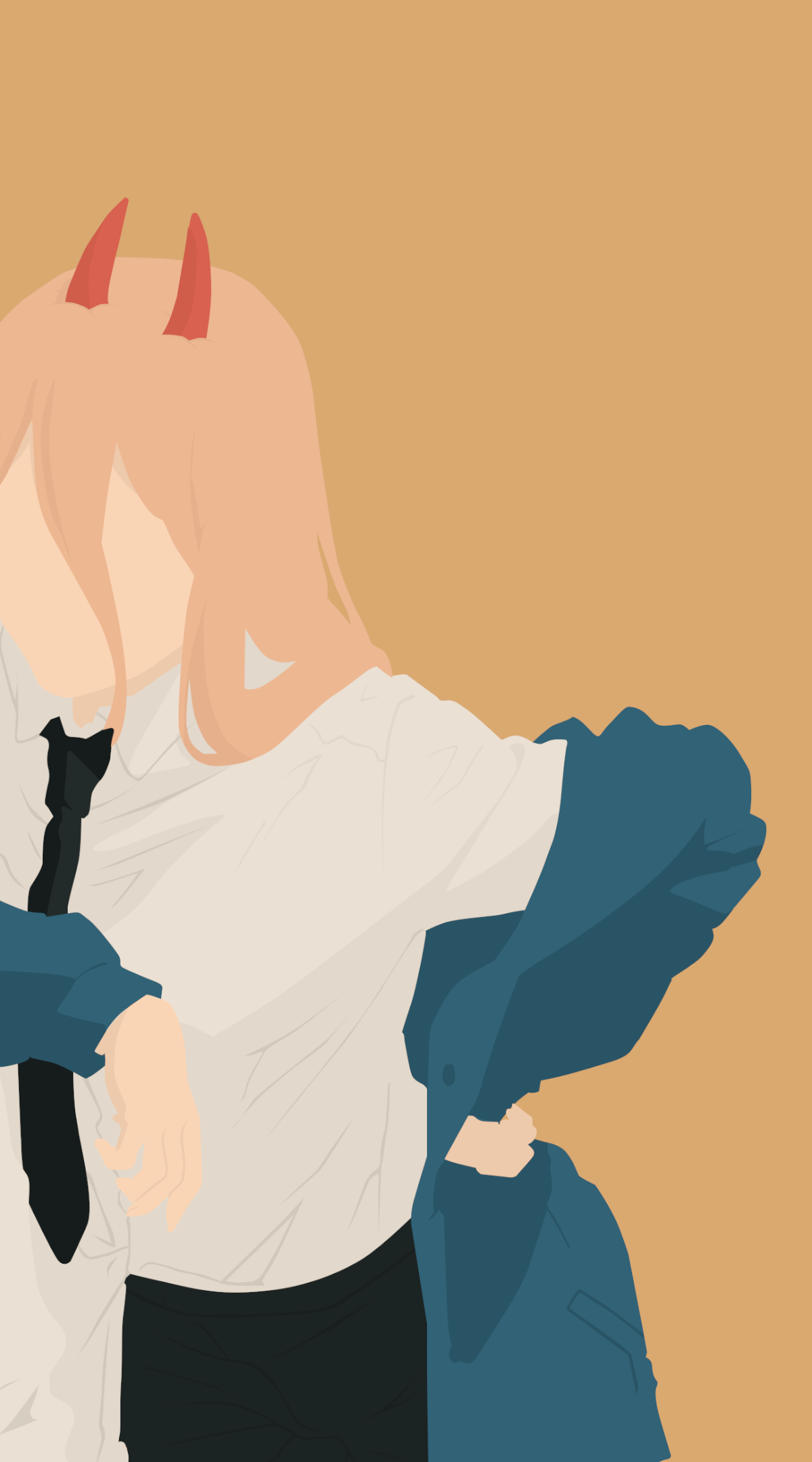 Minimalist phone wallpaper of Power from Chainsaw Man: orange hair, small red horns, white shirt and blue jacket against a warm beige background.