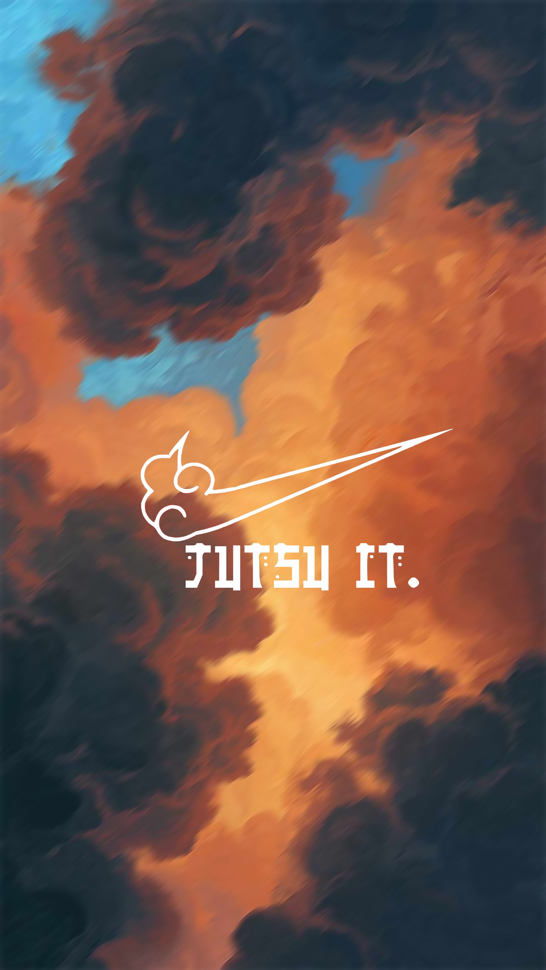 Naruto anime phone wallpaper: swirling orange and dark clouds with a white stylized ninja emblem and the text Jutsu It.