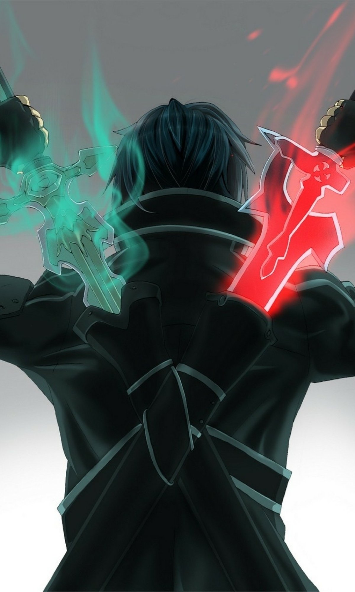 Anime-style Sword Art Online phone wallpaper featuring a character holding glowing red and green swords, designed for both iPhone and Android displays.