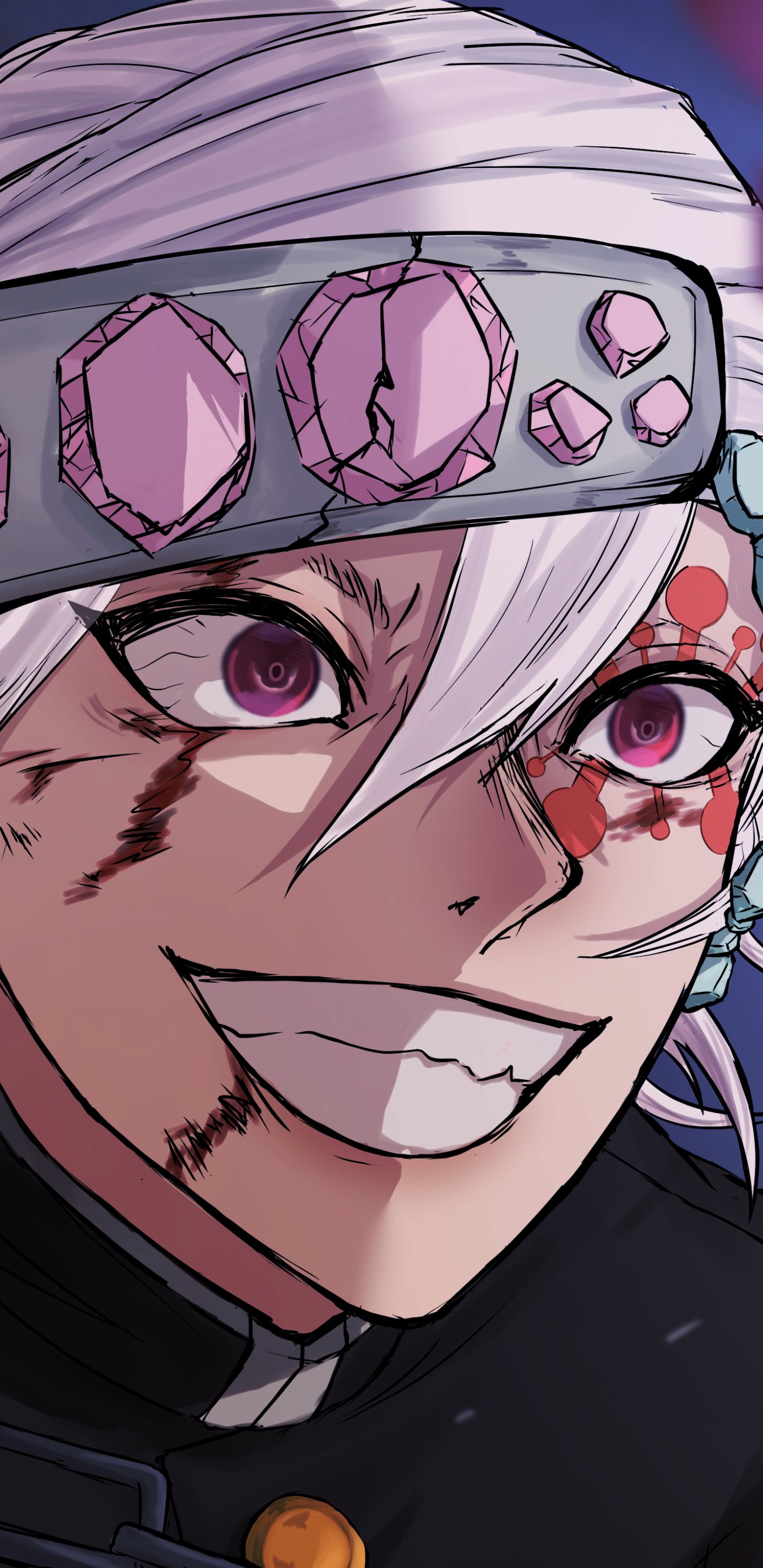 Phone wallpaper for iPhone and Android: anime close-up from Demon Slayer: Kimetsu no Yaiba — grinning fighter with white hair, jeweled headband, facial scars and vivid pink eyes.