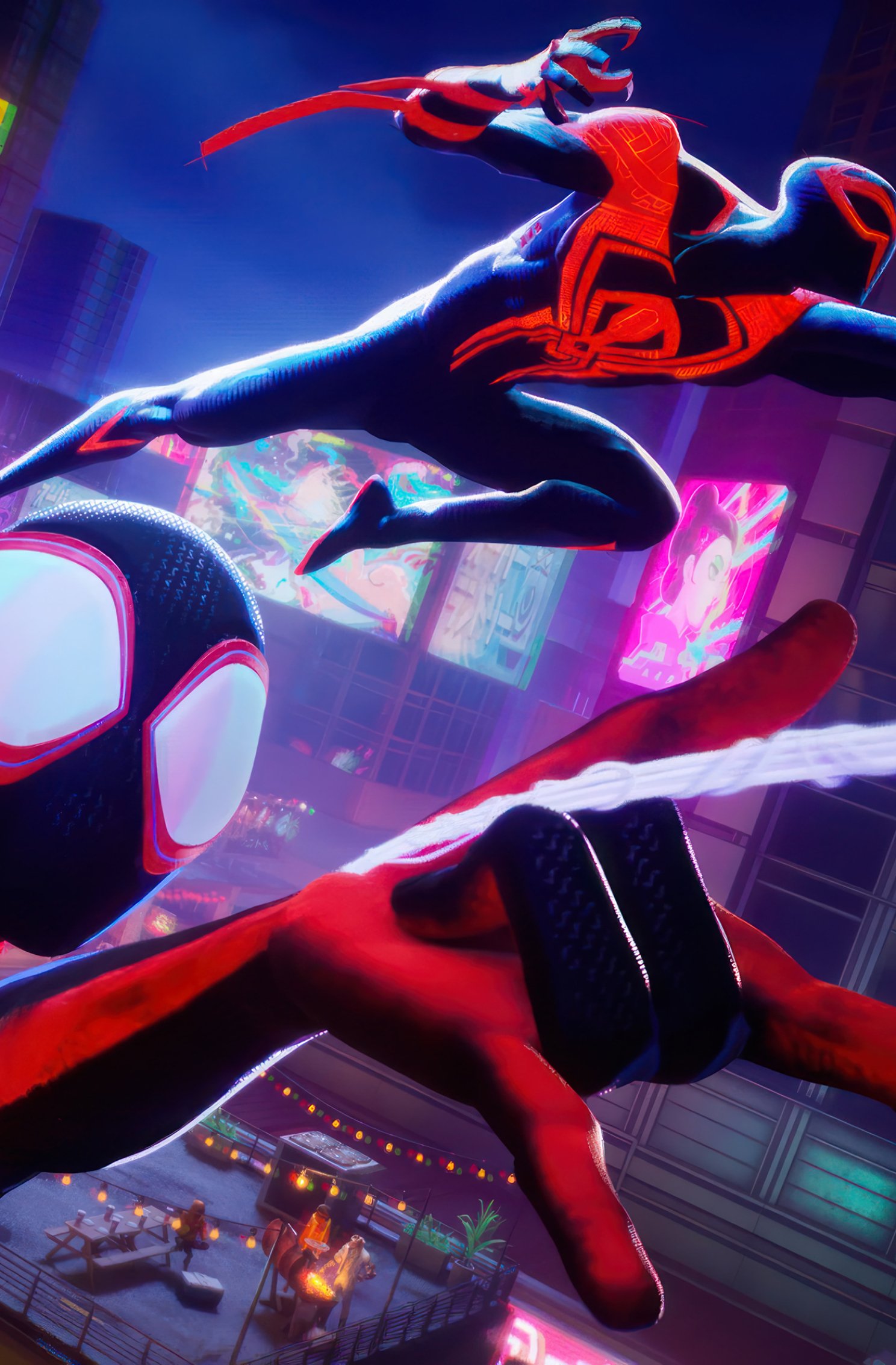 Fortnite video game phone wallpaper: red-and-black masked web-slinger vaults through a neon city, close-up gloved hand and motion blur conveying high-energy action.