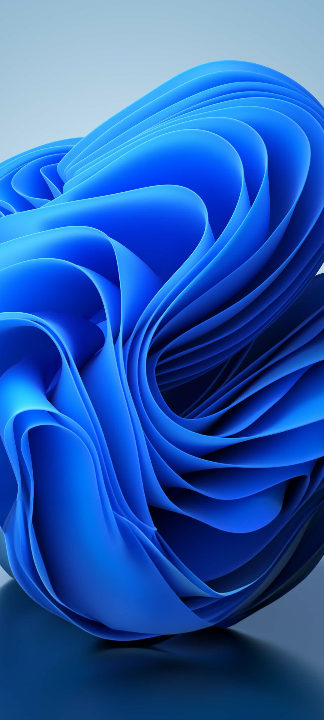 Portrait phone wallpaper showing Windows 11's blue abstract swirl against a pale gradient, a sleek technology-themed design.
