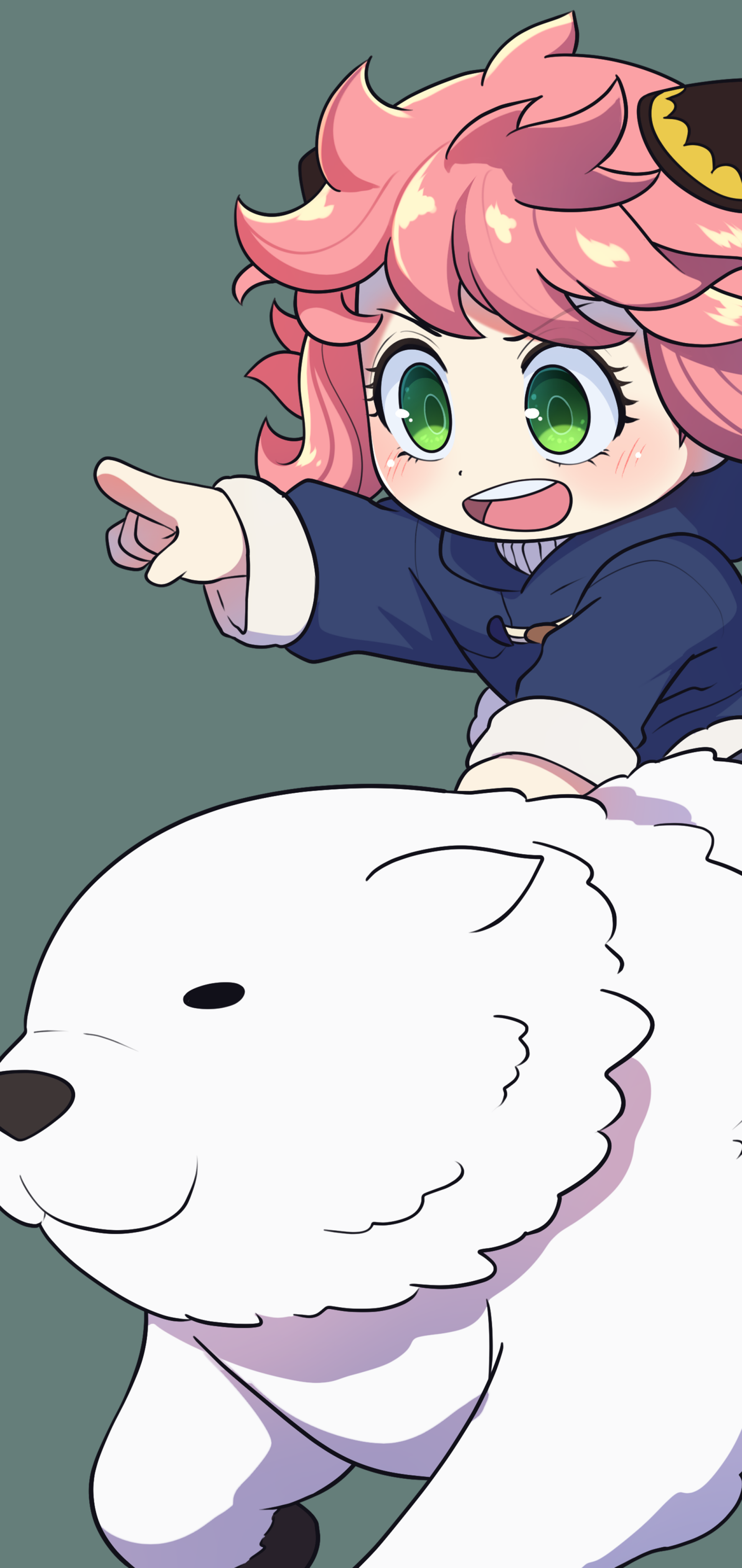 Phone wallpaper featuring chibi anime characters from Spy x Family, including a pink-haired child and a large white dog, designed for both iPhone and Android screens.