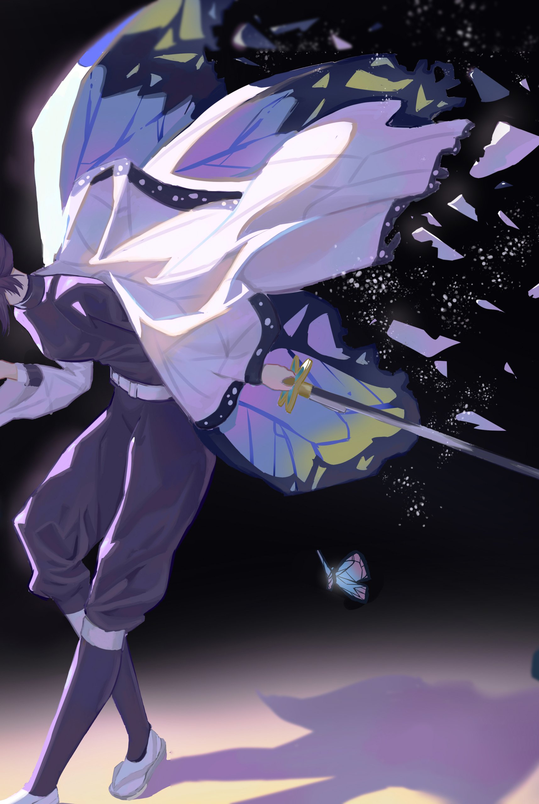 Anime Demon Slayer: Kimetsu no Yaiba phone wallpaper: butterfly-patterned haori-clad swordsman leaping, scattering wing-like fragments and a glowing butterfly against a dark background. iPhone/Android.