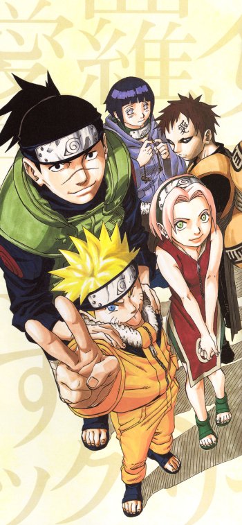 Naruto anime phone wallpaper: Naruto gives a peace sign in front, with Sakura, Rock Lee, Hinata and Gaara grouped behind on a pale patterned background.