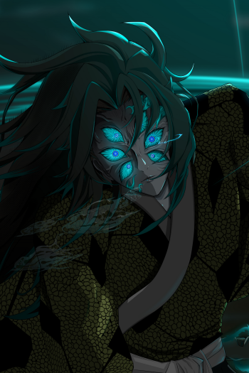 Anime — Demon Slayer: Kimetsu no Yaiba phone wallpaper of a shadowy multi-eyed demon with glowing blue eyes, flowing hair, patterned cloak and eerie teal backlighting.