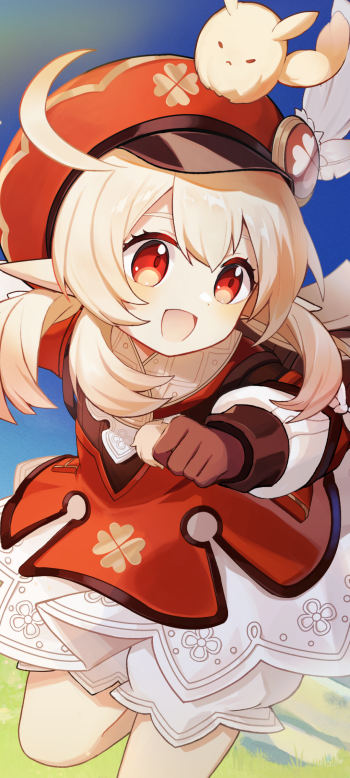 Phone wallpaper of Klee from Genshin Impact: a cheerful red-clad girl with pigtails and a small floating bunny, joyfully leaping against a bright blue sky.