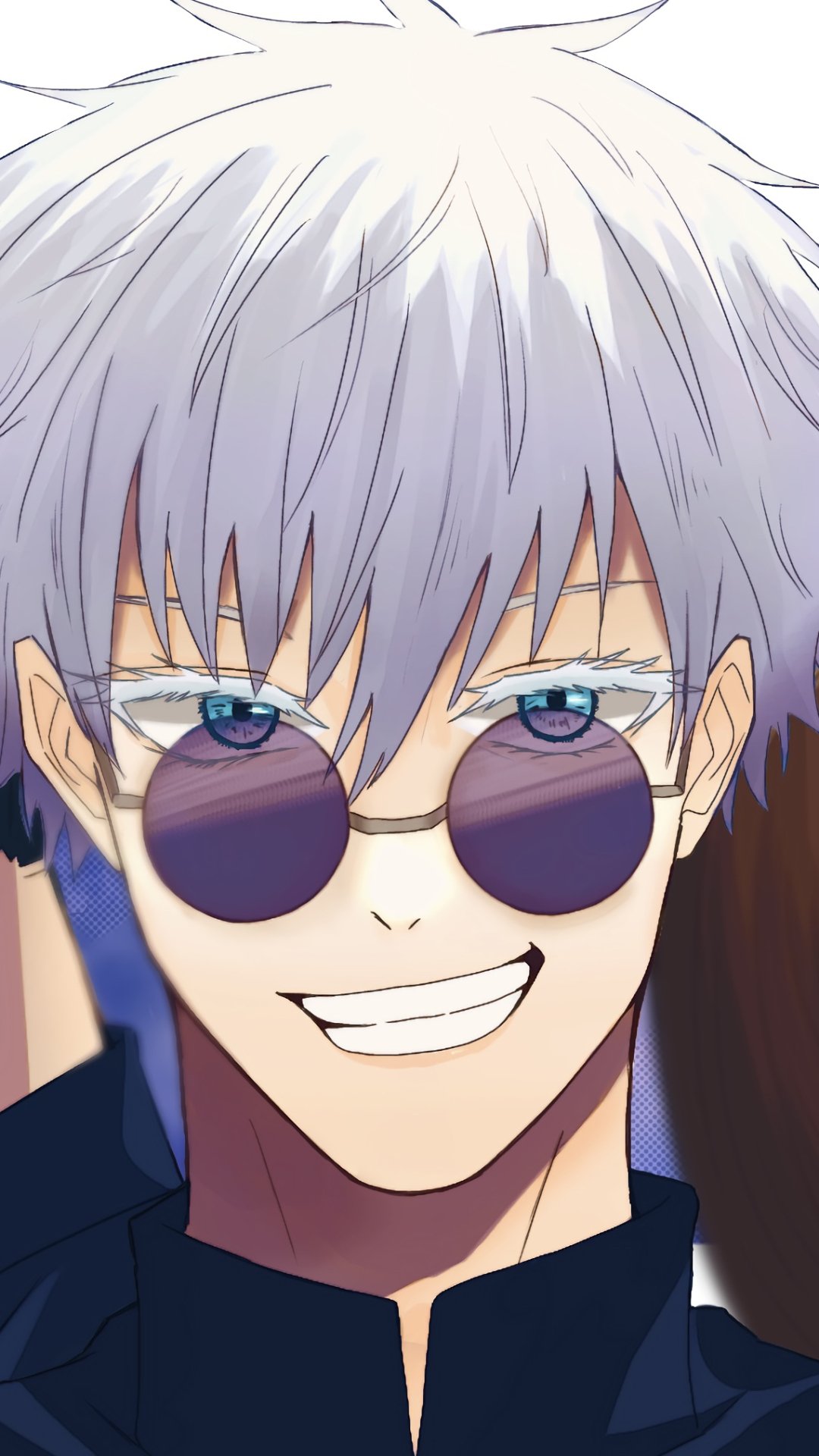 Anime-style wallpaper featuring Satoru Gojo from Jujutsu Kaisen wearing round sunglasses, designed for vibrant display on iPhone and Android phone screens.