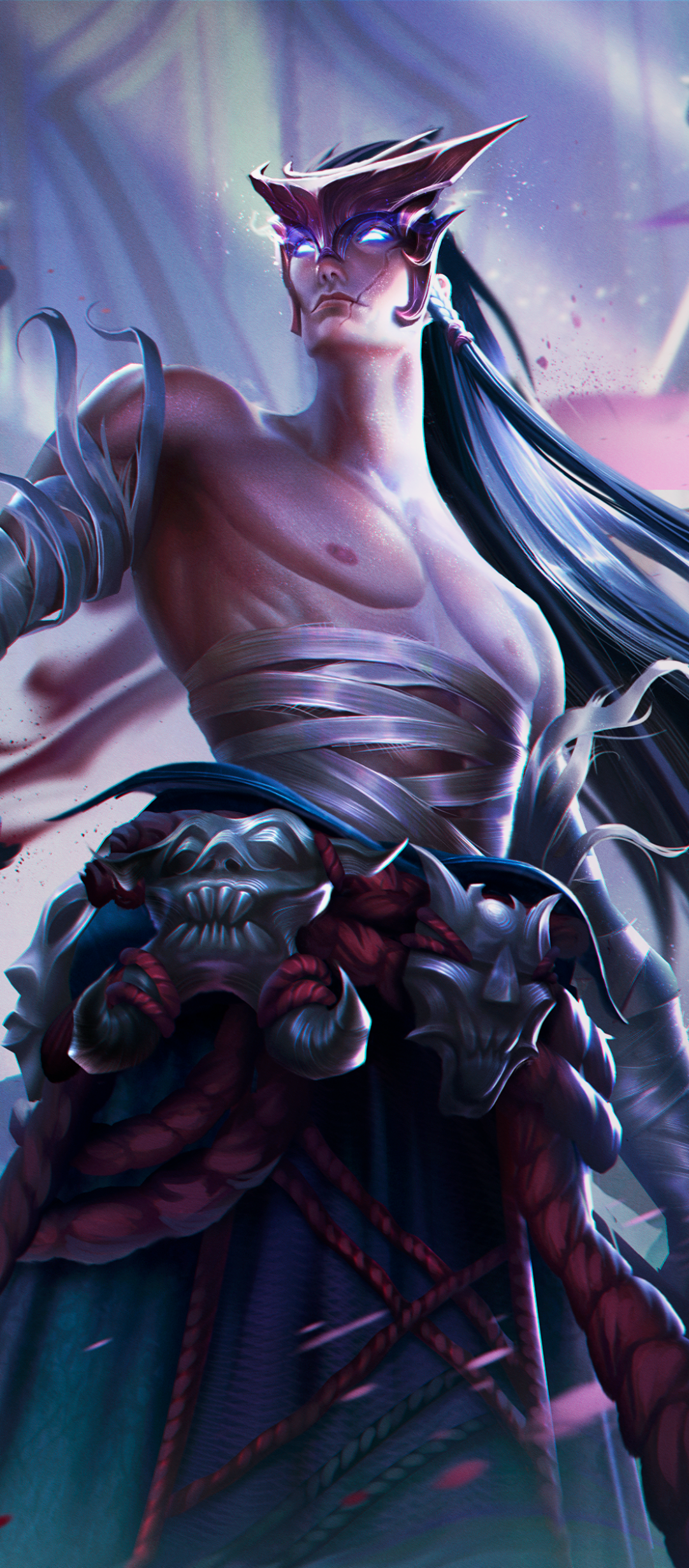 Phone wallpaper of Yone from the video game League of Legends: pale samurai with long dark hair, glowing blue eyes, wrapped torso and ornate demonic waist armor against a misty, ethereal backdrop.