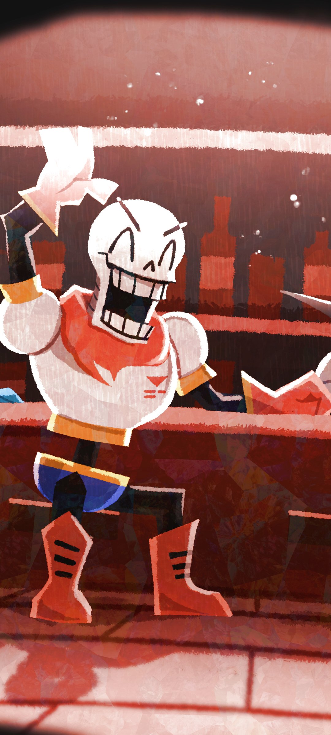 Phone wallpaper from the video game Undertale showing Papyrus the skeleton grinning and striking a triumphant pose in a red-tinted boxing ring with bottles in the background.