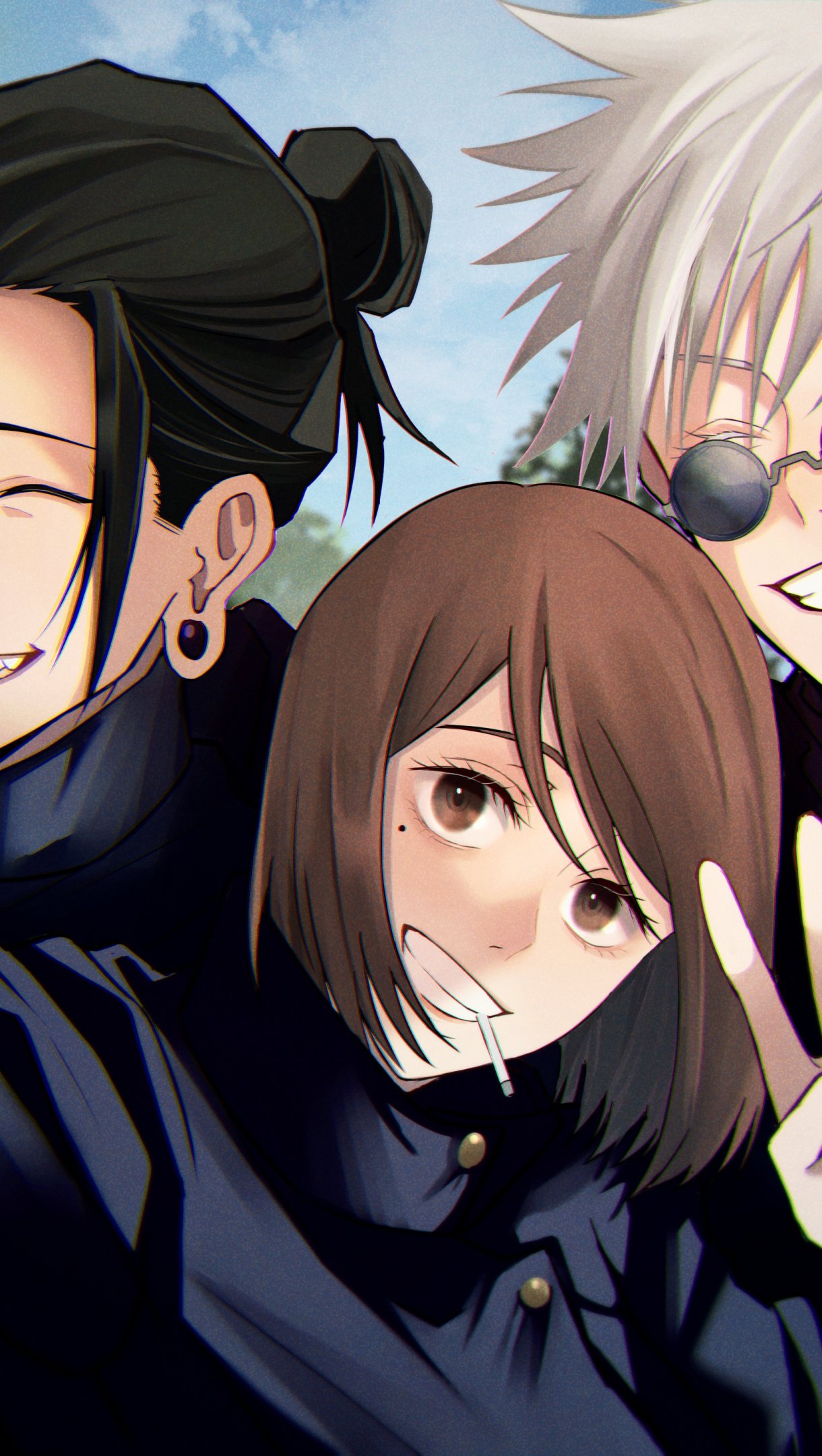 Jujutsu Kaisen anime phone wallpaper for iPhone and Android: three characters in dark uniforms smiling in a close group selfie with a bright sky background.