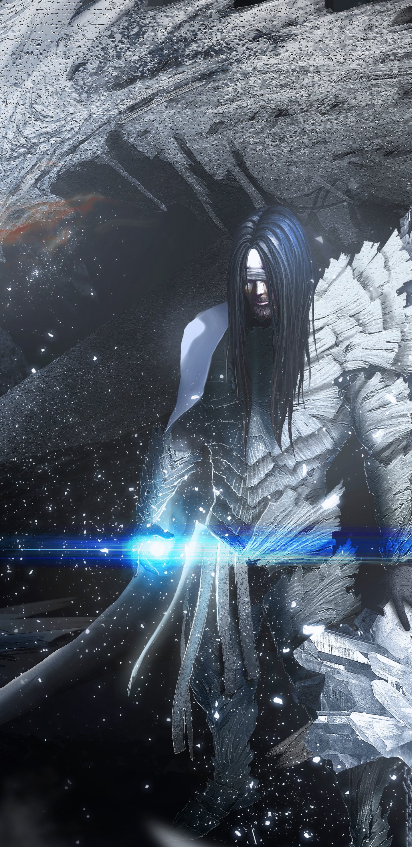 Phone wallpaper showing a dark fantasy dragon-warrior: pale armored figure with long hair, crystalline wings and a glowing blue blade against an icy, star-speckled backdrop.