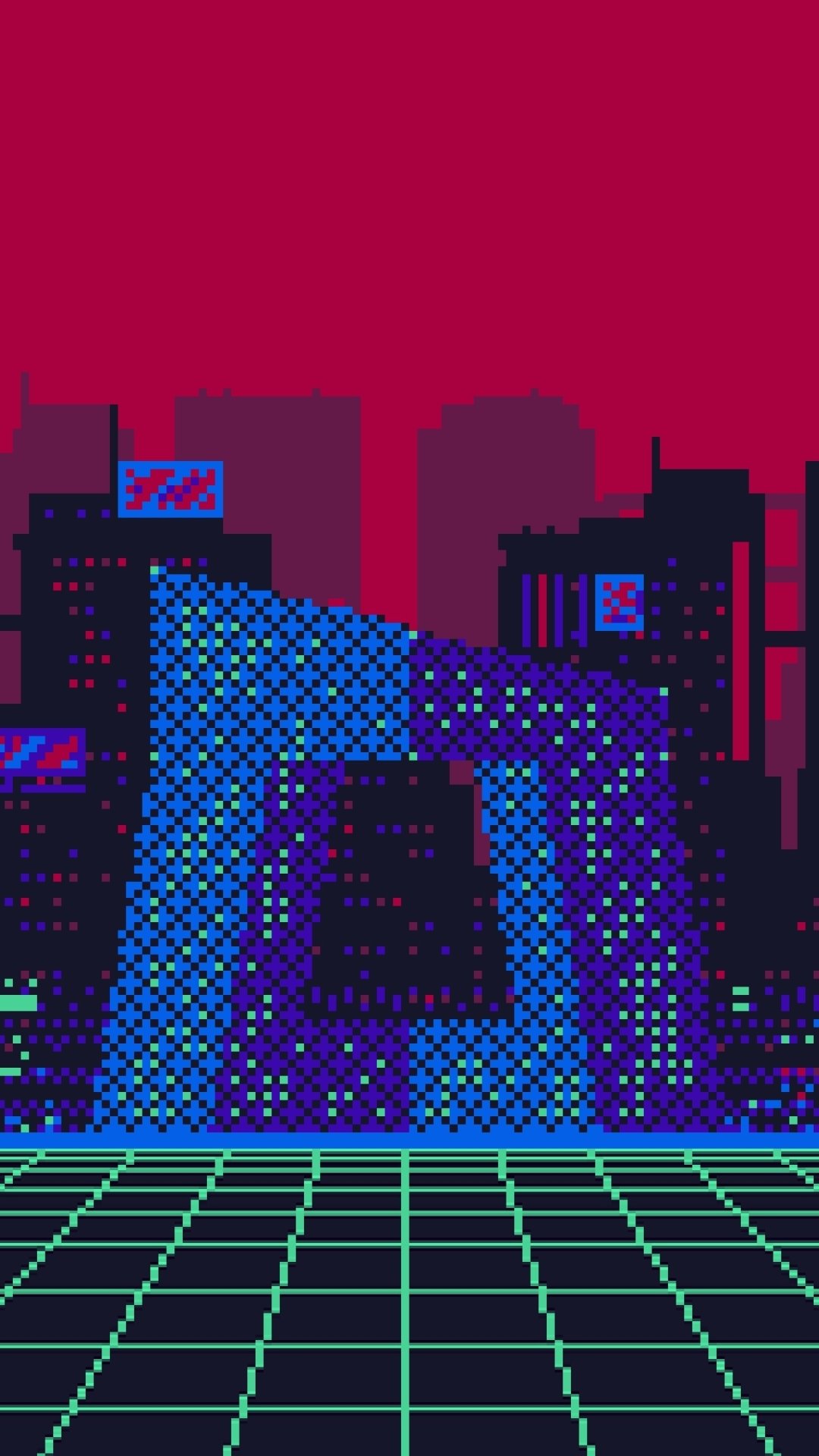 Artistic pixel art cityscape with neon blue and purple buildings against a deep red sky, designed as a vibrant phone wallpaper for iPhones and Android devices.
