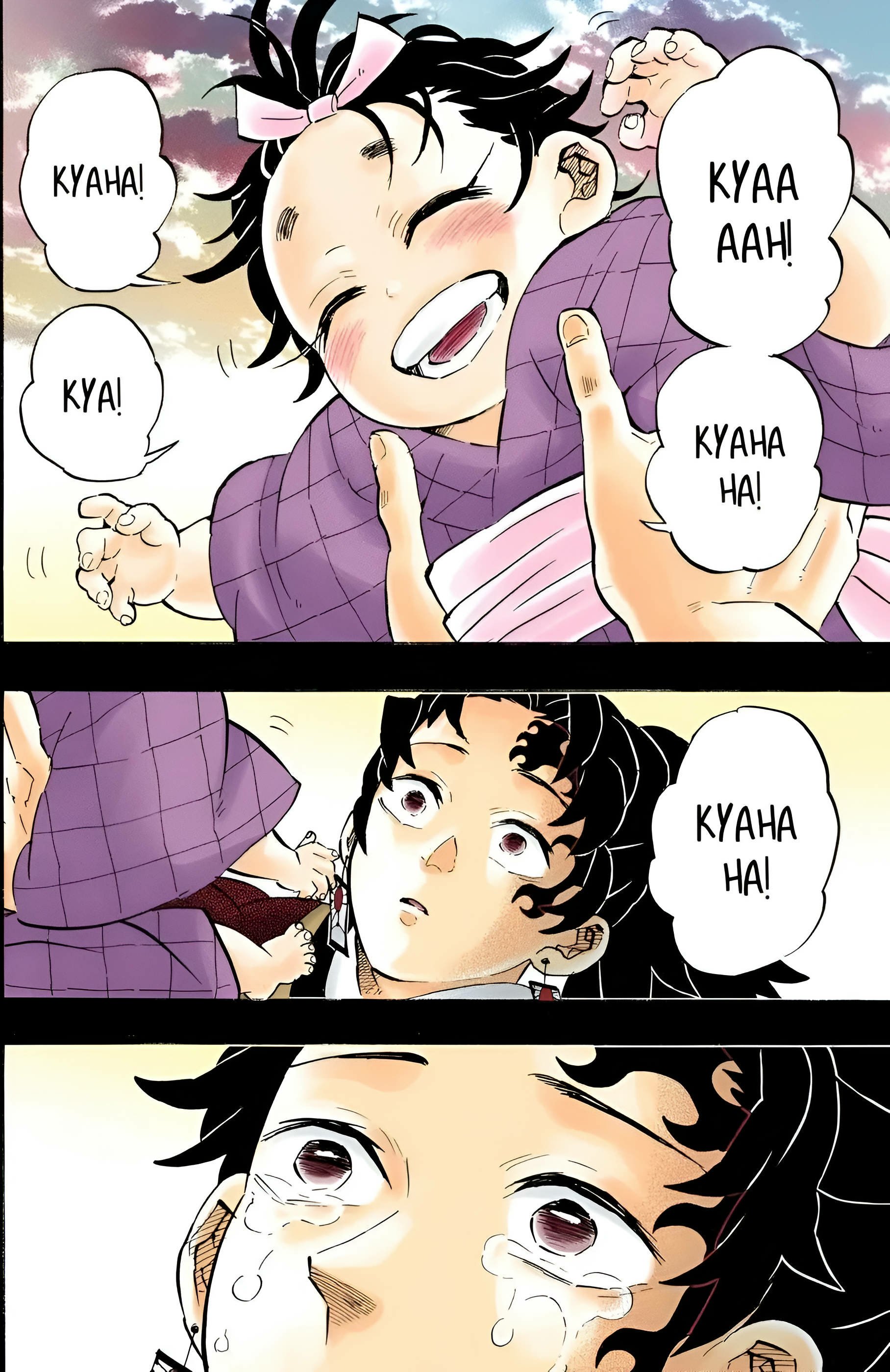 Phone wallpaper featuring anime-style panels from Demon Slayer: Kimetsu no Yaiba, depicting emotional expressions with vibrant colors for iPhone and Android screens.