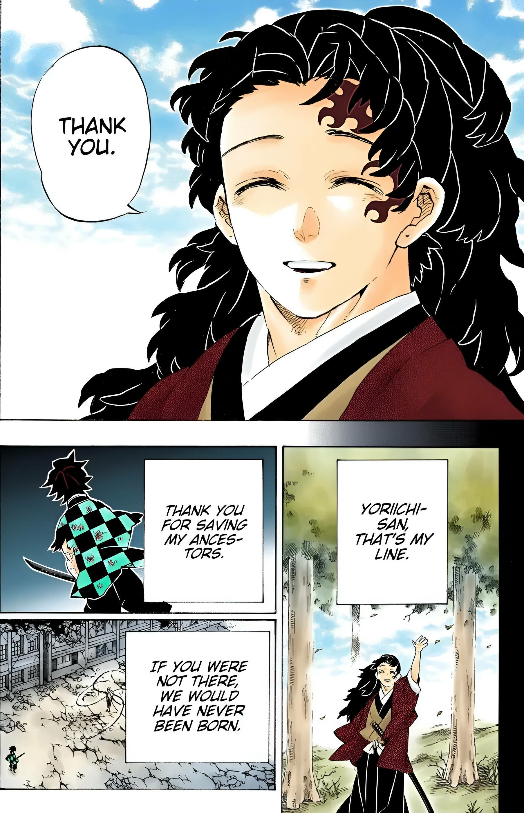 Phone wallpaper from Demon Slayer: Kimetsu no Yaiba — smiling long-haired character in a kimono beneath a blue sky, overlaid with manga panels and a speech bubble reading Thank you.