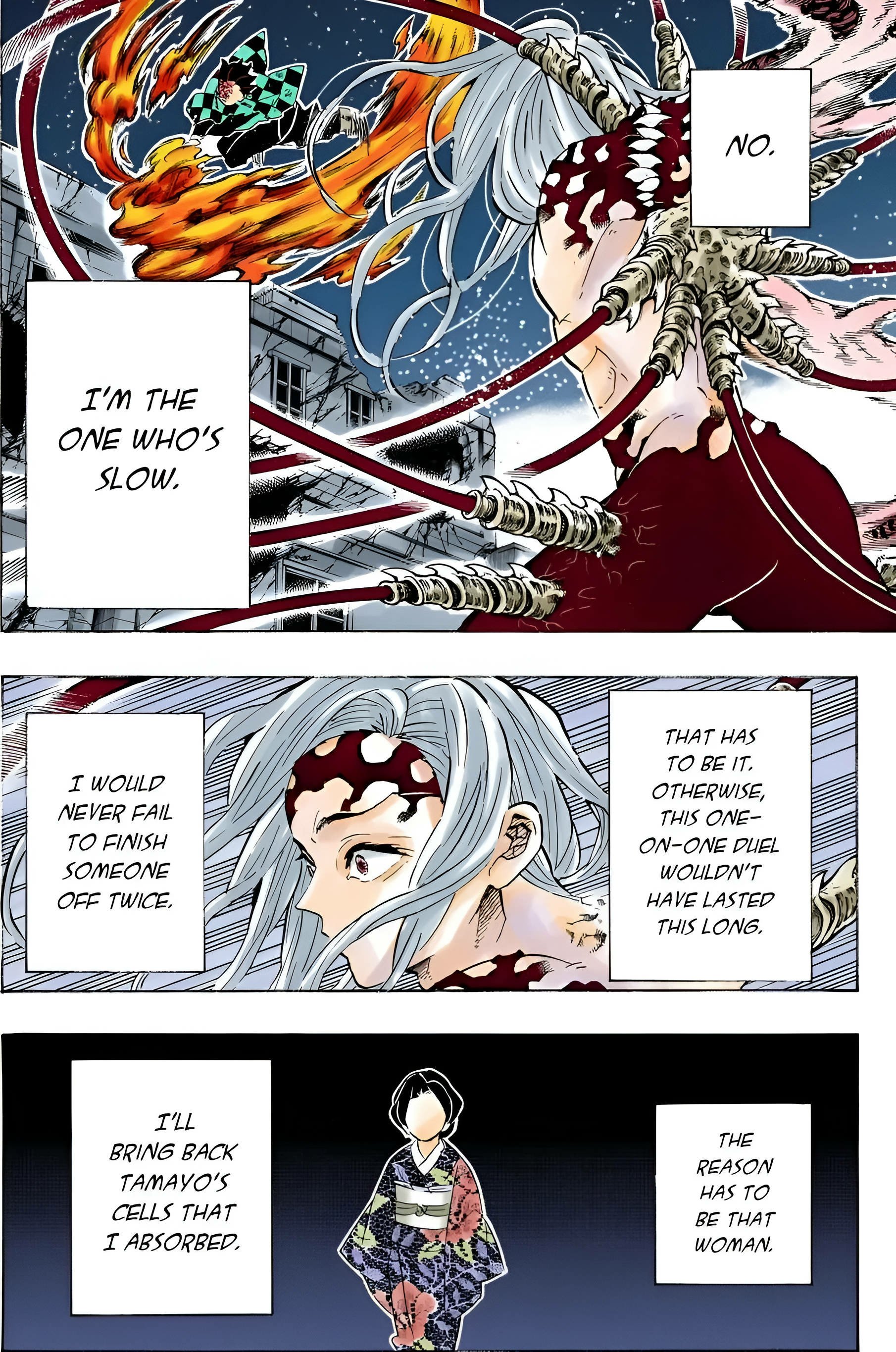 Anime phone wallpaper from Demon Slayer: Kimetsu no Yaiba featuring a white‑haired demon in dramatic manga panels, swirling swords, blood splatters, and bold dialogue bubbles.