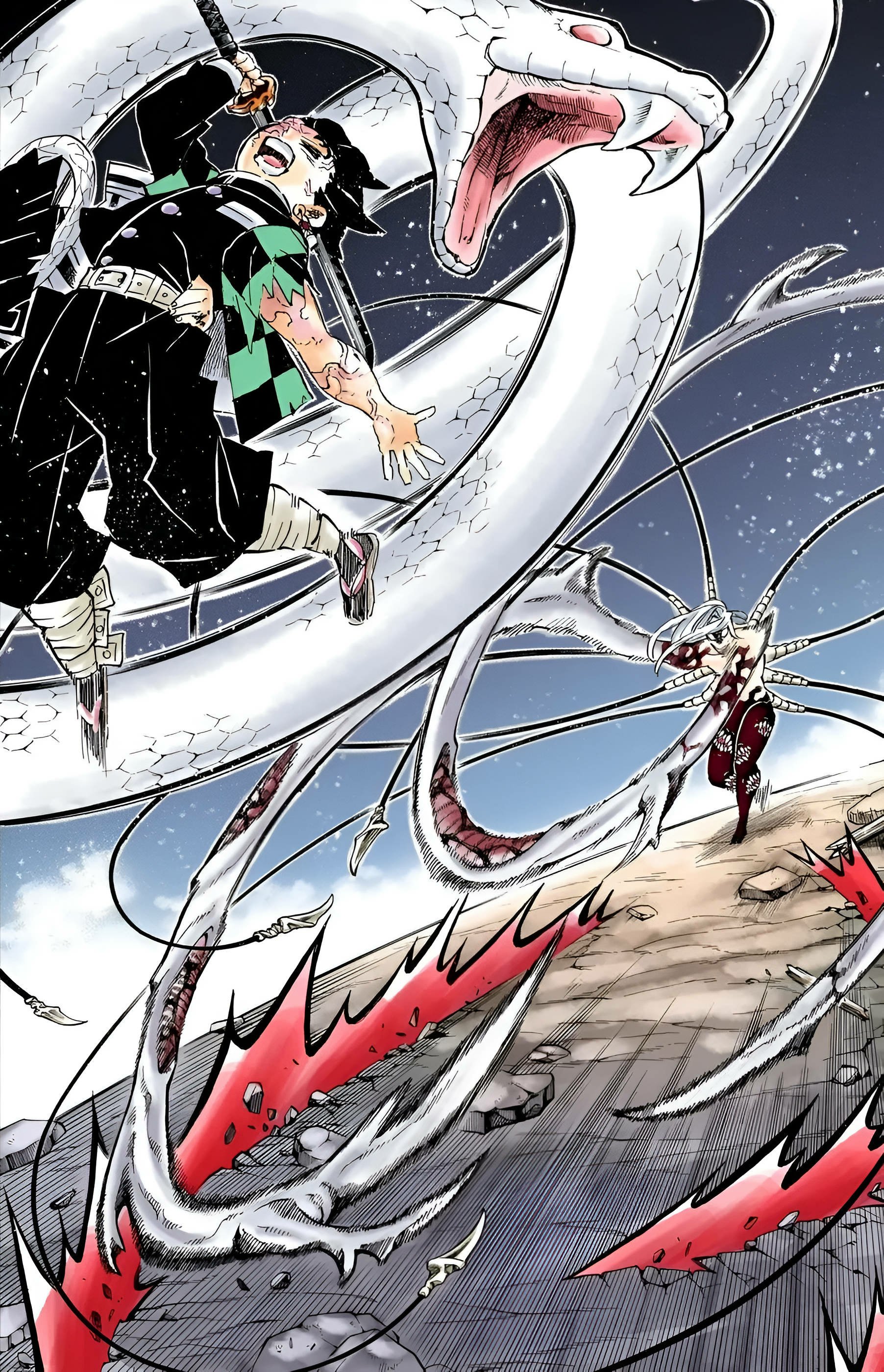 Anime phone wallpaper from Demon Slayer: Kimetsu no Yaiba: a green-checkered demon slayer leaps through swirling white snake-like threads toward a masked foe amid a dramatic rooftop battle.