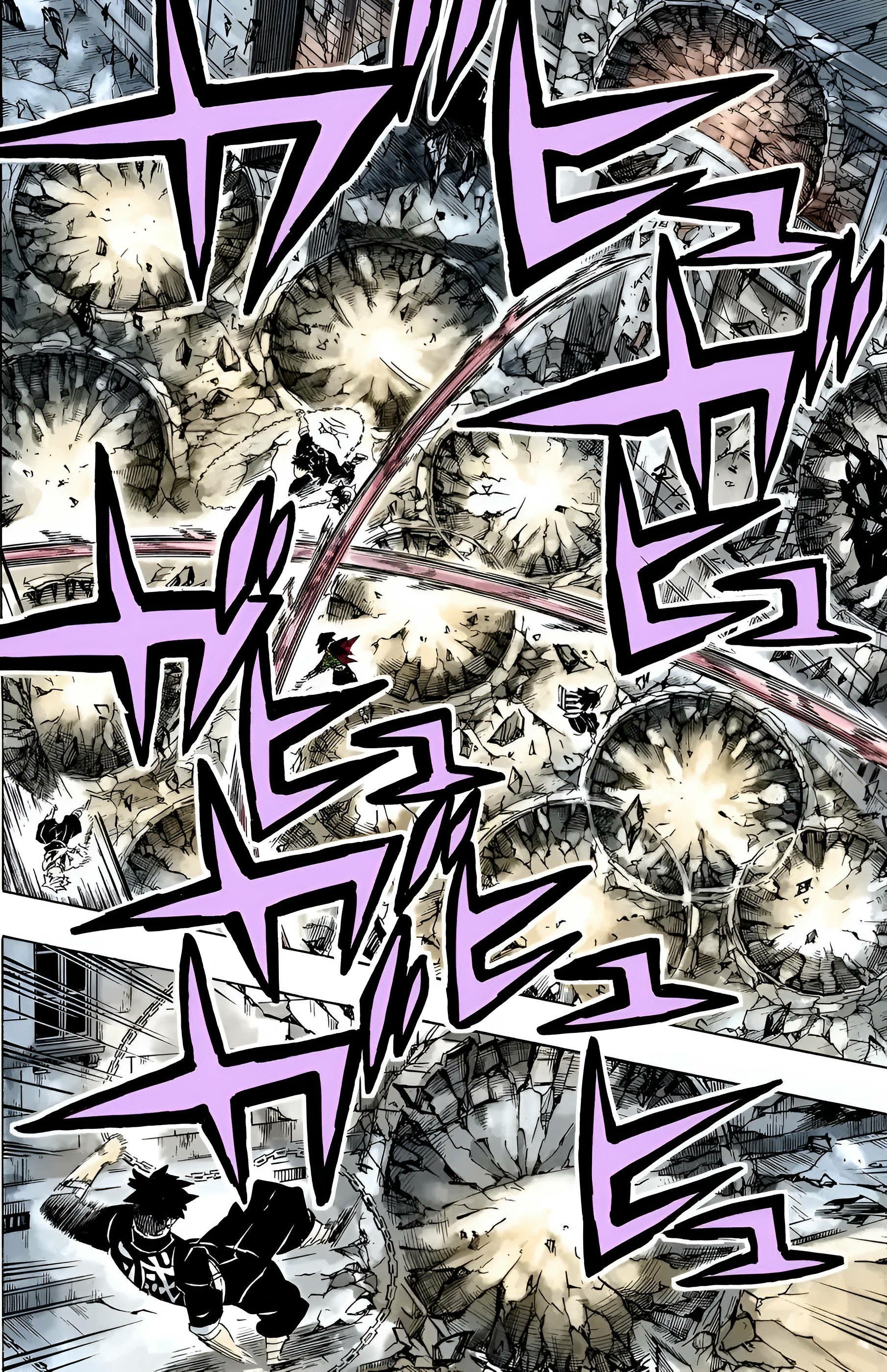 Anime phone wallpaper — Demon Slayer: Kimetsu no Yaiba manga-style panel of explosive shockwaves and debris, bold purple onomatopoeia streaking across the page and a lone figure in the lower corner.