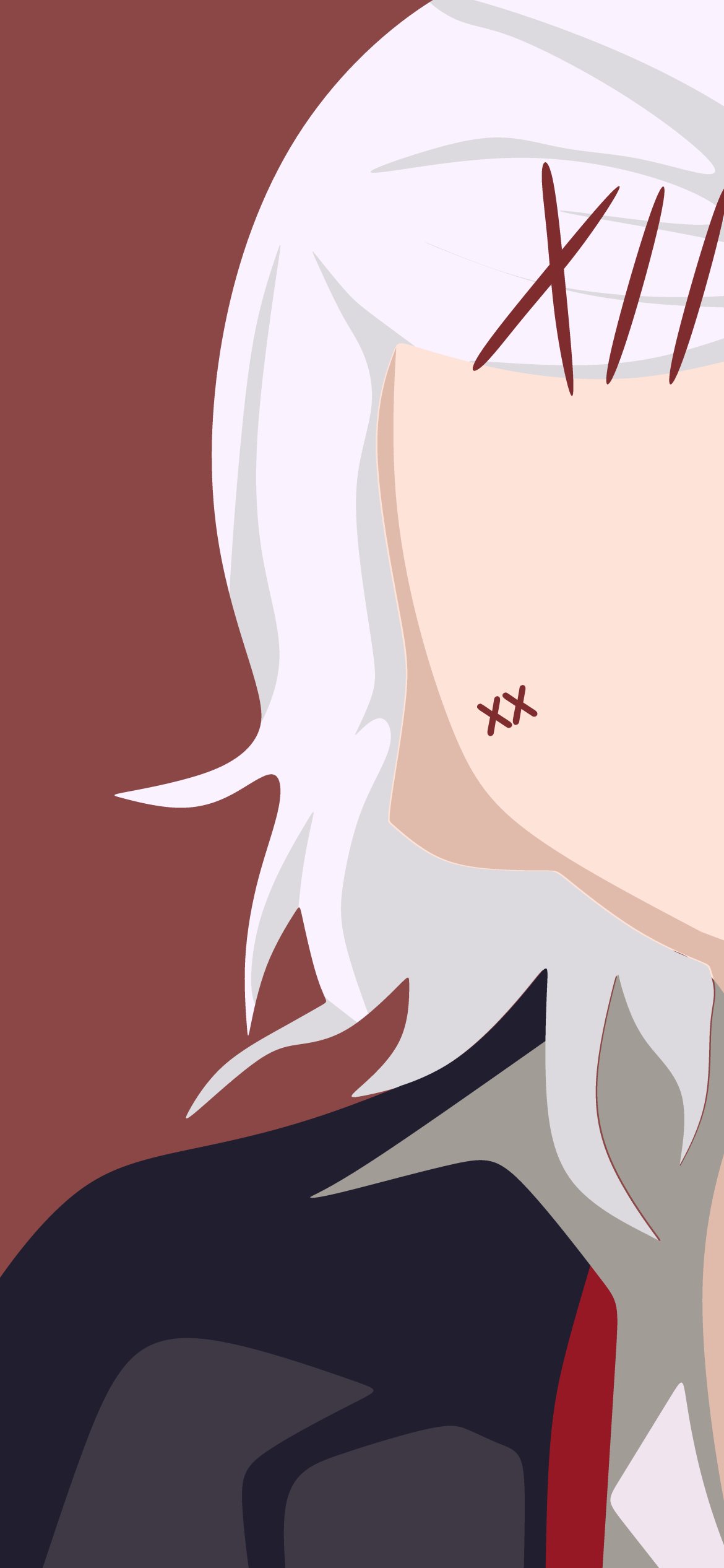 Anime phone wallpaper inspired by Tokyo Ghoul: minimalist close-up of a white-haired figure with stitched X scars and Roman numerals on the forehead.