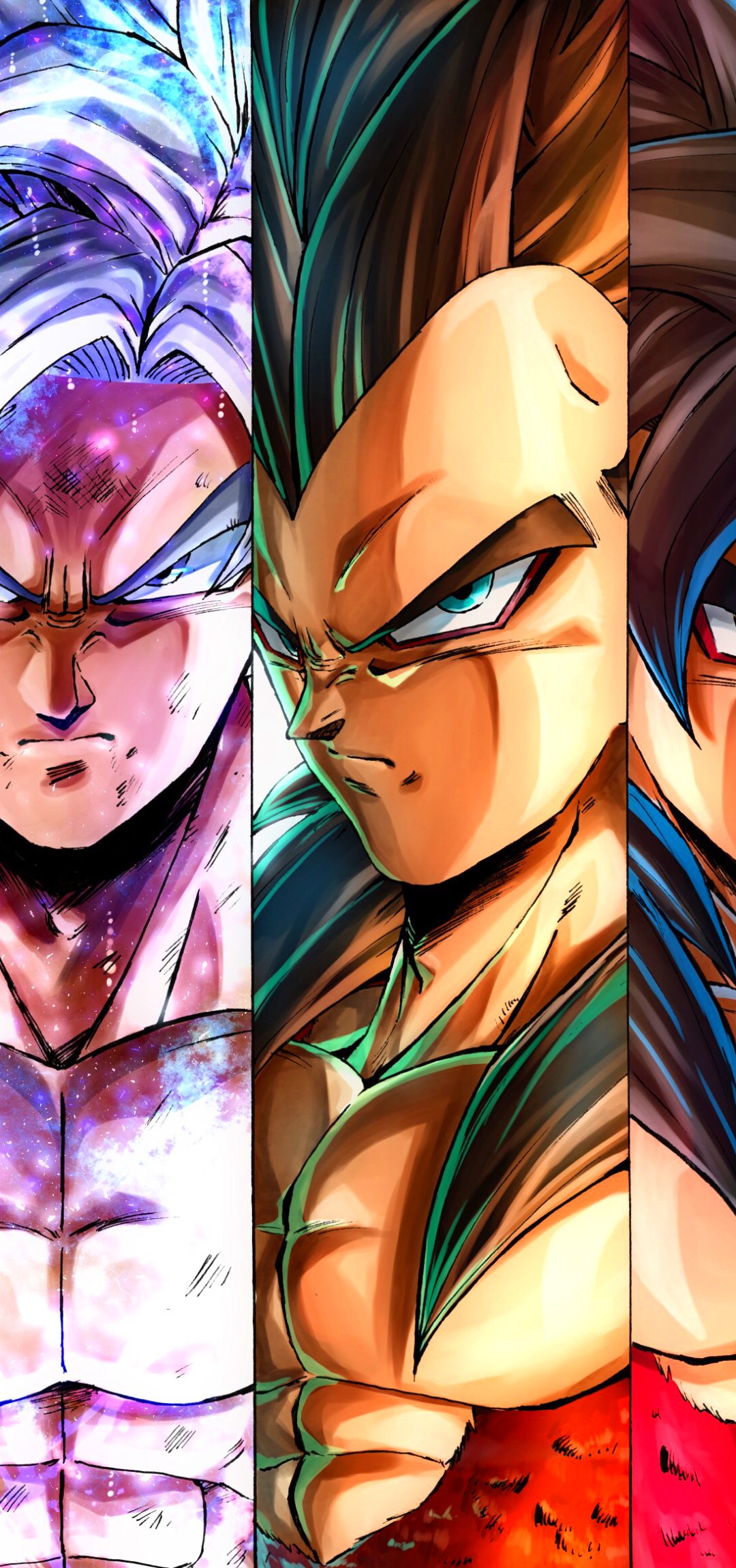 Anime Dragon Ball phone wallpaper featuring intense close-ups of three iconic characters, designed for vibrant display on both iPhone and Android devices.