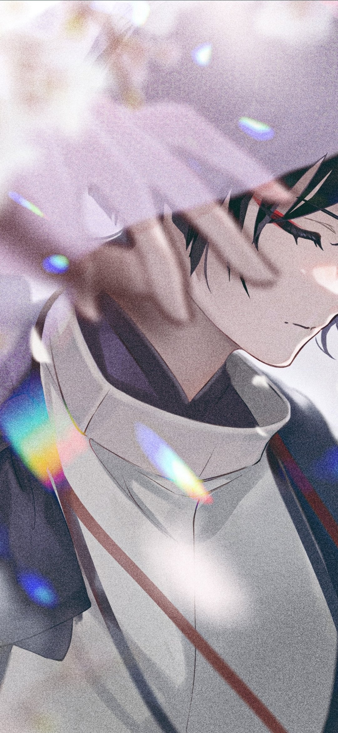 Genshin Impact phone wallpaper on iPhone and Android: close-up side portrait of a serene character in soft light, with falling petals and prismatic light flares.