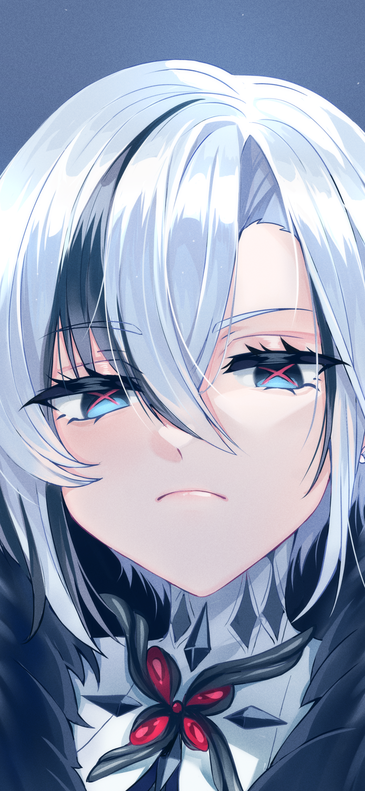 Portrait of a silver-haired Genshin Impact character with striking red and blue eyes, designed as a phone wallpaper compatible with iPhones and Android devices.