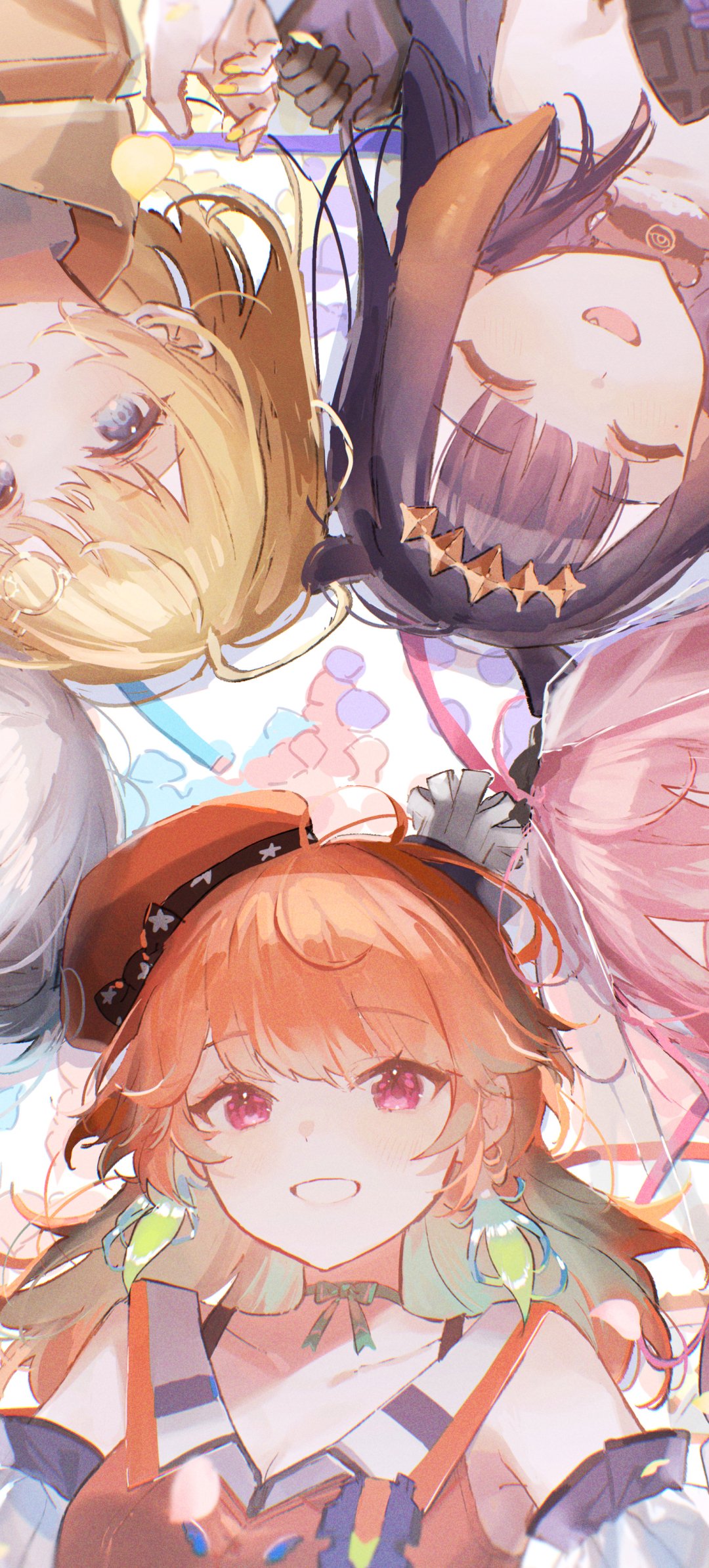 Phone wallpaper featuring vibrant anime-style Virtual YouTubers arranged in a dynamic circular composition, designed for both iPhone and Android displays.