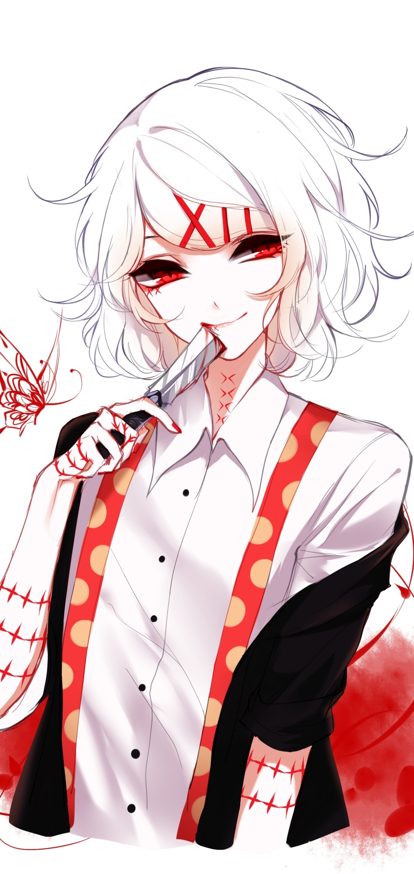 Anime Tokyo Ghoul phone wallpaper: white-haired ghoul with red eyes, stitched markings and a knife, grinning amid a blood-splattered background.
