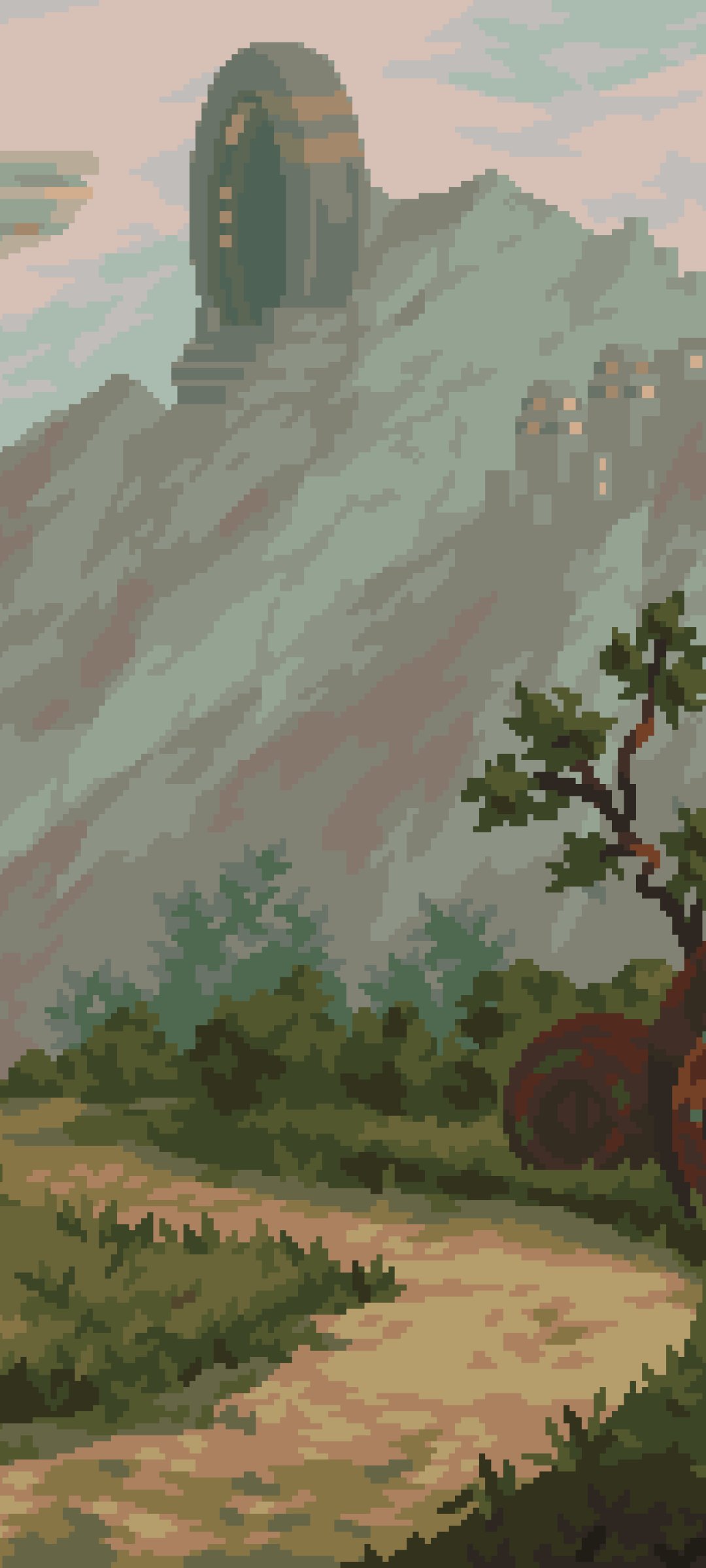 Artistic pixel art phone wallpaper depicting a mountainous landscape with ancient stone structures and a winding path, designed for iPhone and Android screens.