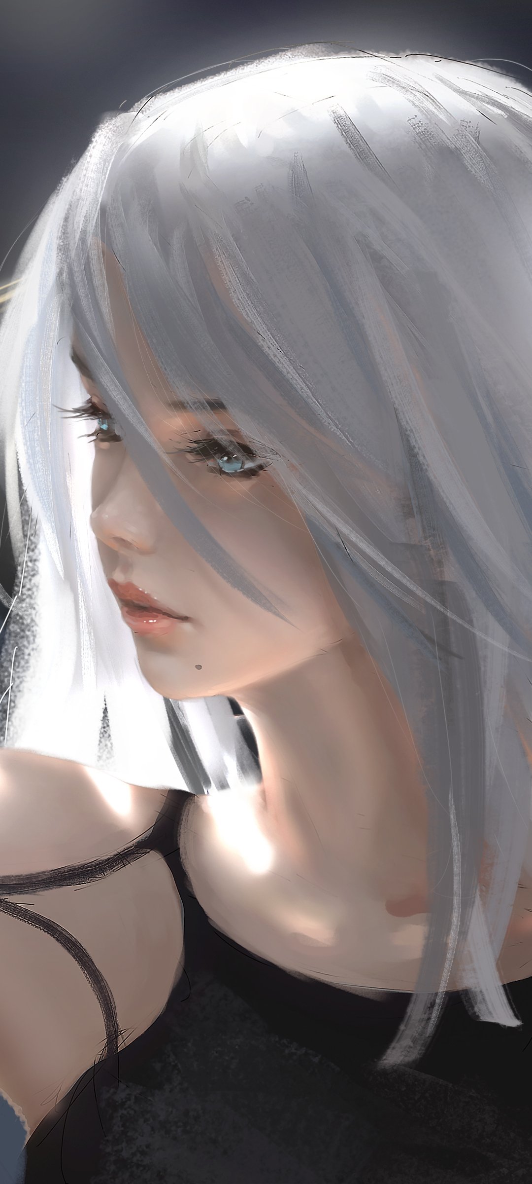 Phone wallpaper: close-up painterly portrait of a white-haired NieR: Automata android, soft lighting, contemplative expression, delicate features and dark outfit.