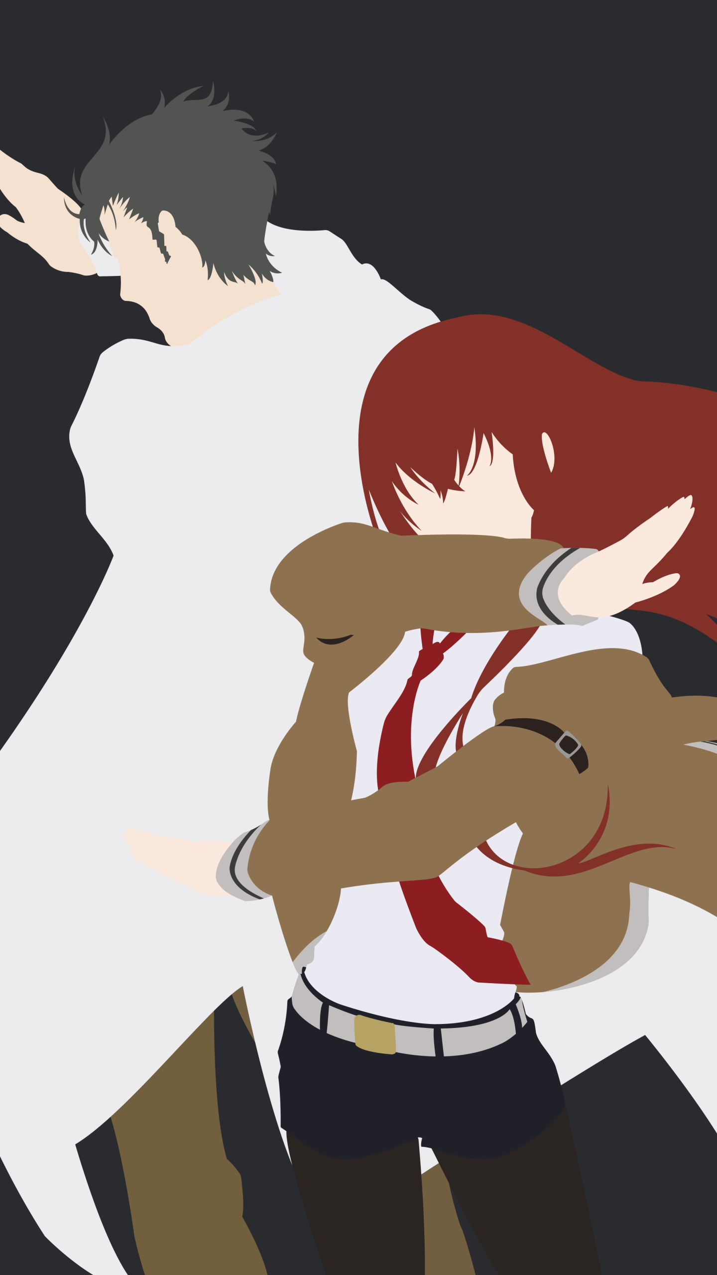Steins;Gate anime phone wallpaper showing minimalist silhouettes of Rintarou Okabe and Kurisu Makise striking dynamic poses against a dark background.